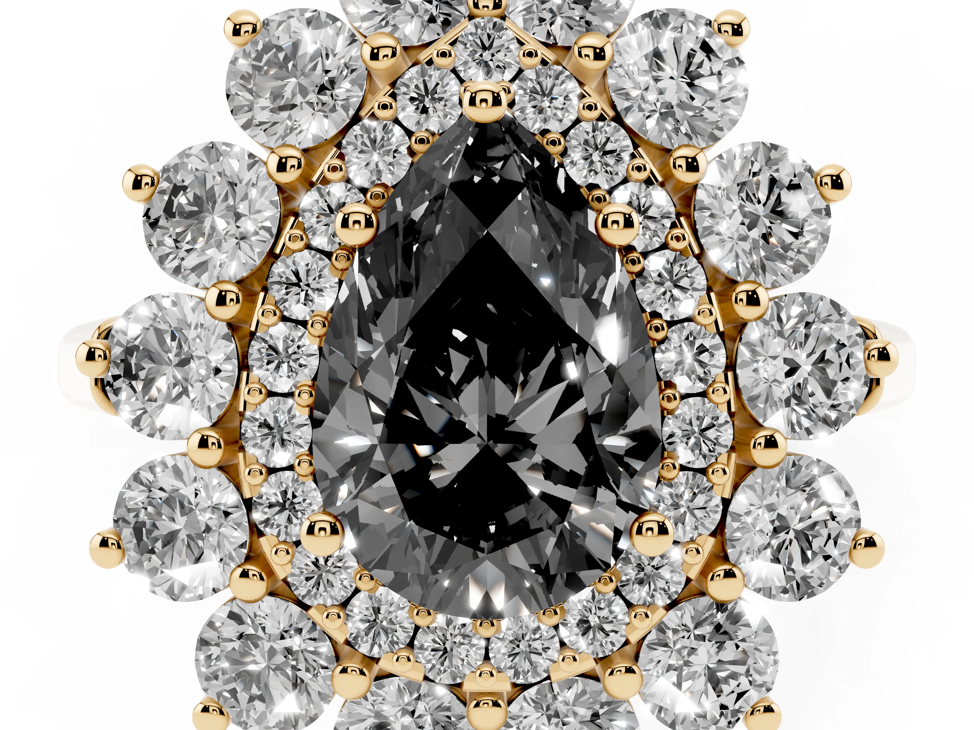 Fancy Black Pear Cut Diamond Floral Double Halo Ring Set in Yellow gold with Round Petals