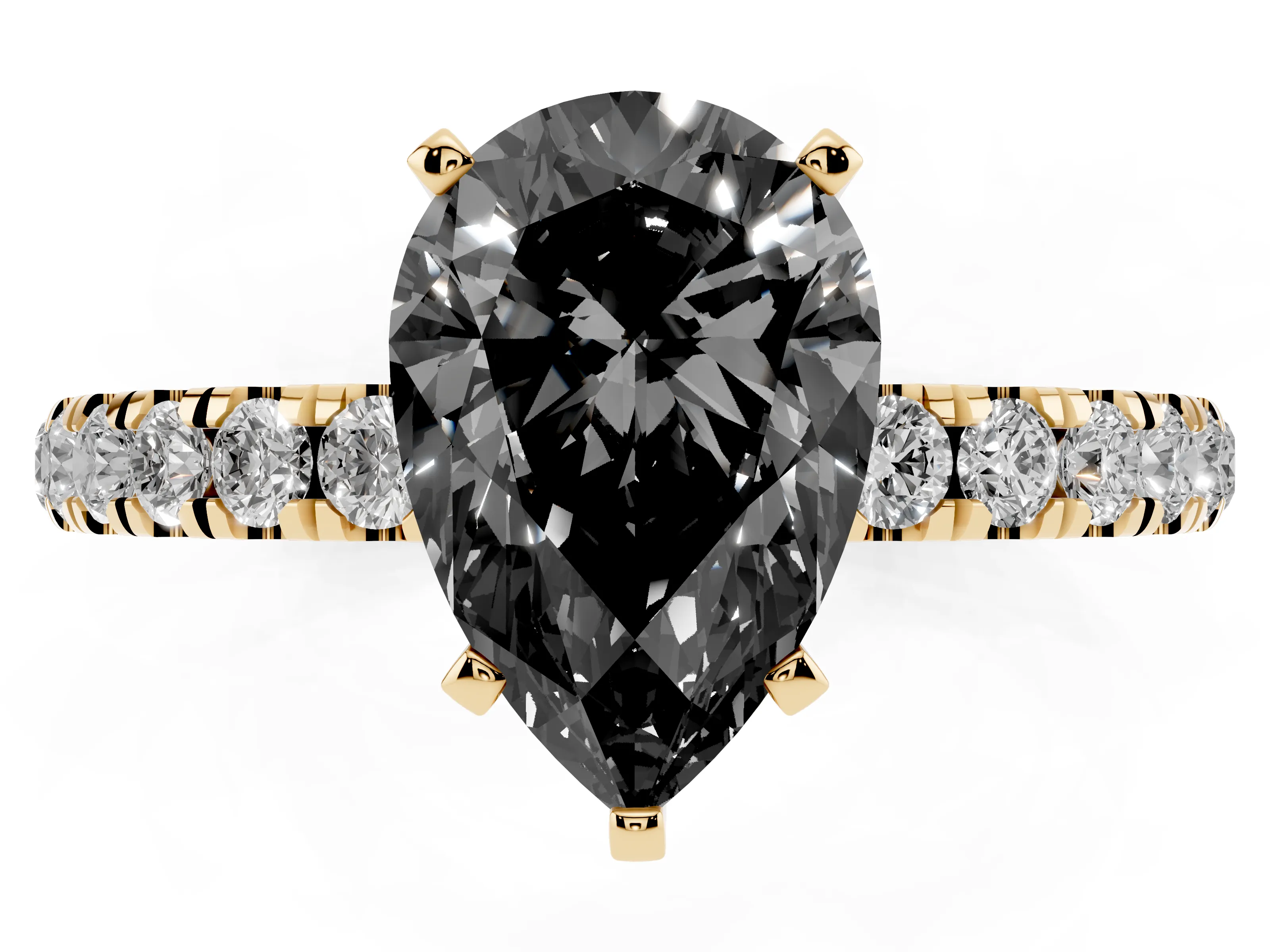 Fancy Black Pear Cut Diamond Solitaire Ring Set in Yellow gold with Pavé Accents and Prong Setting