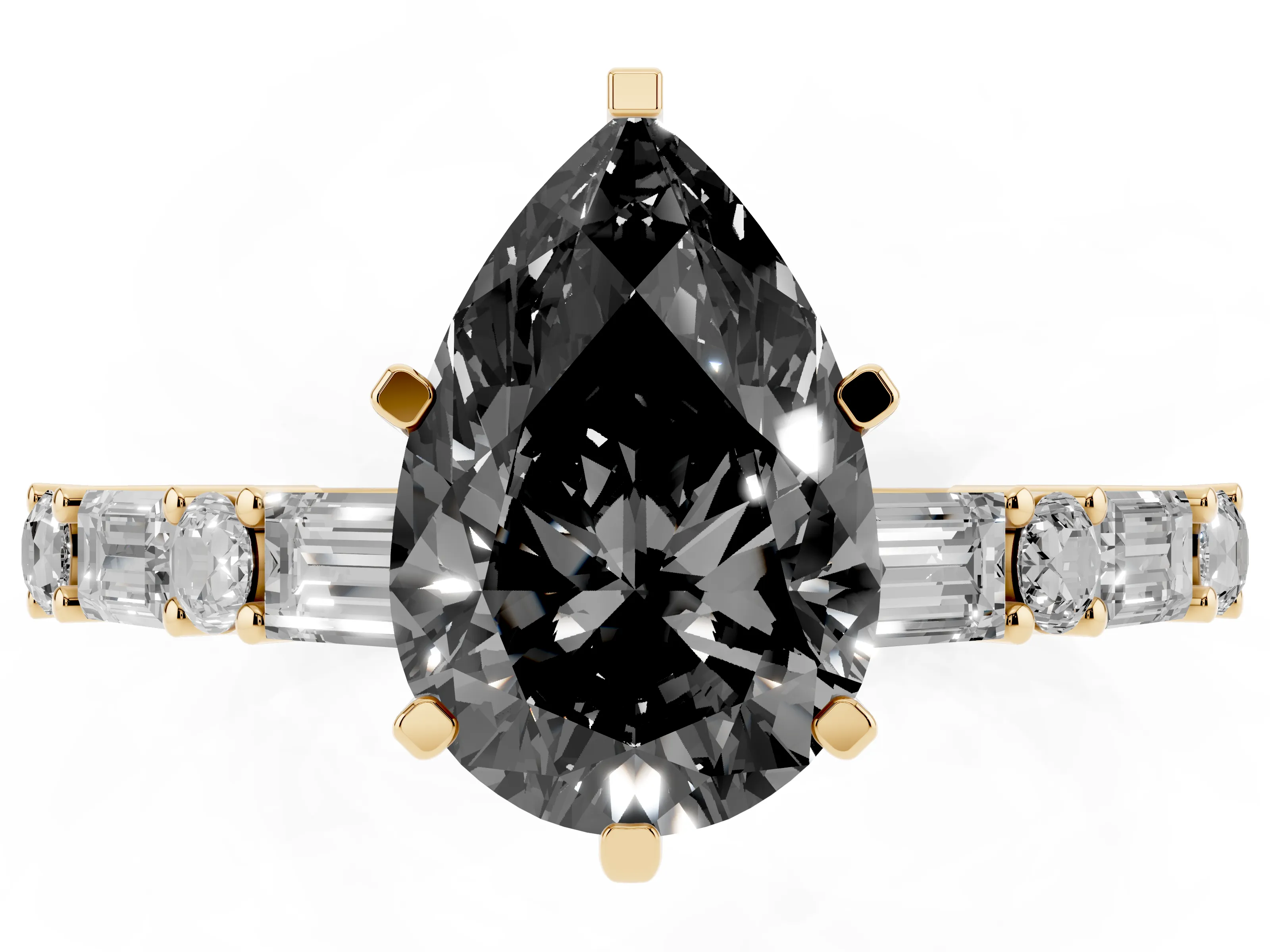 Fancy Black Pear Cut Diamond Solitaire Set in Yellow gold with Side Baguettes and Channel Set Band