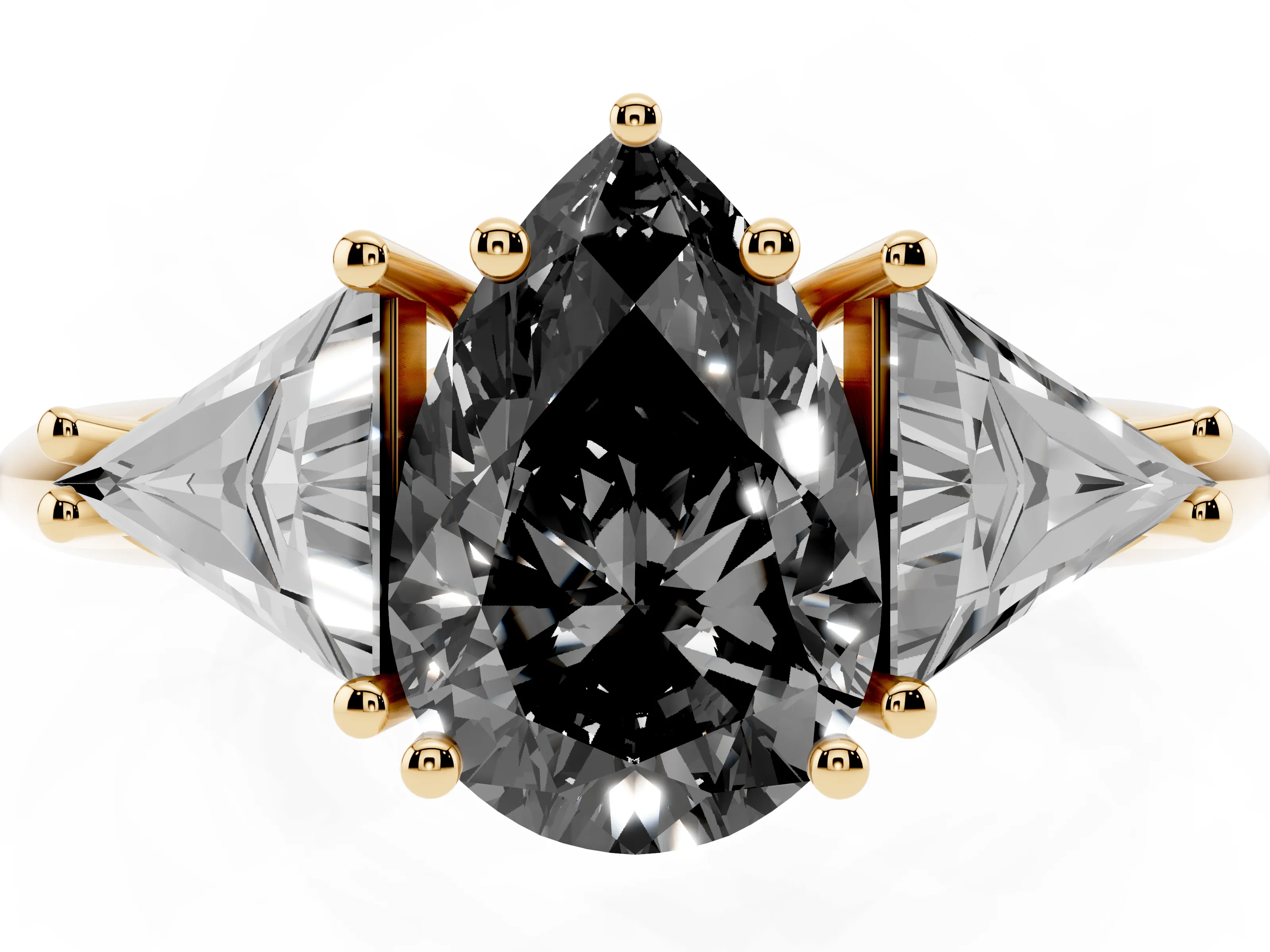 Fancy Black Pear Cut Diamond Three-Stone Engagement Ring Set in Yellow gold with Trillion Side Stones