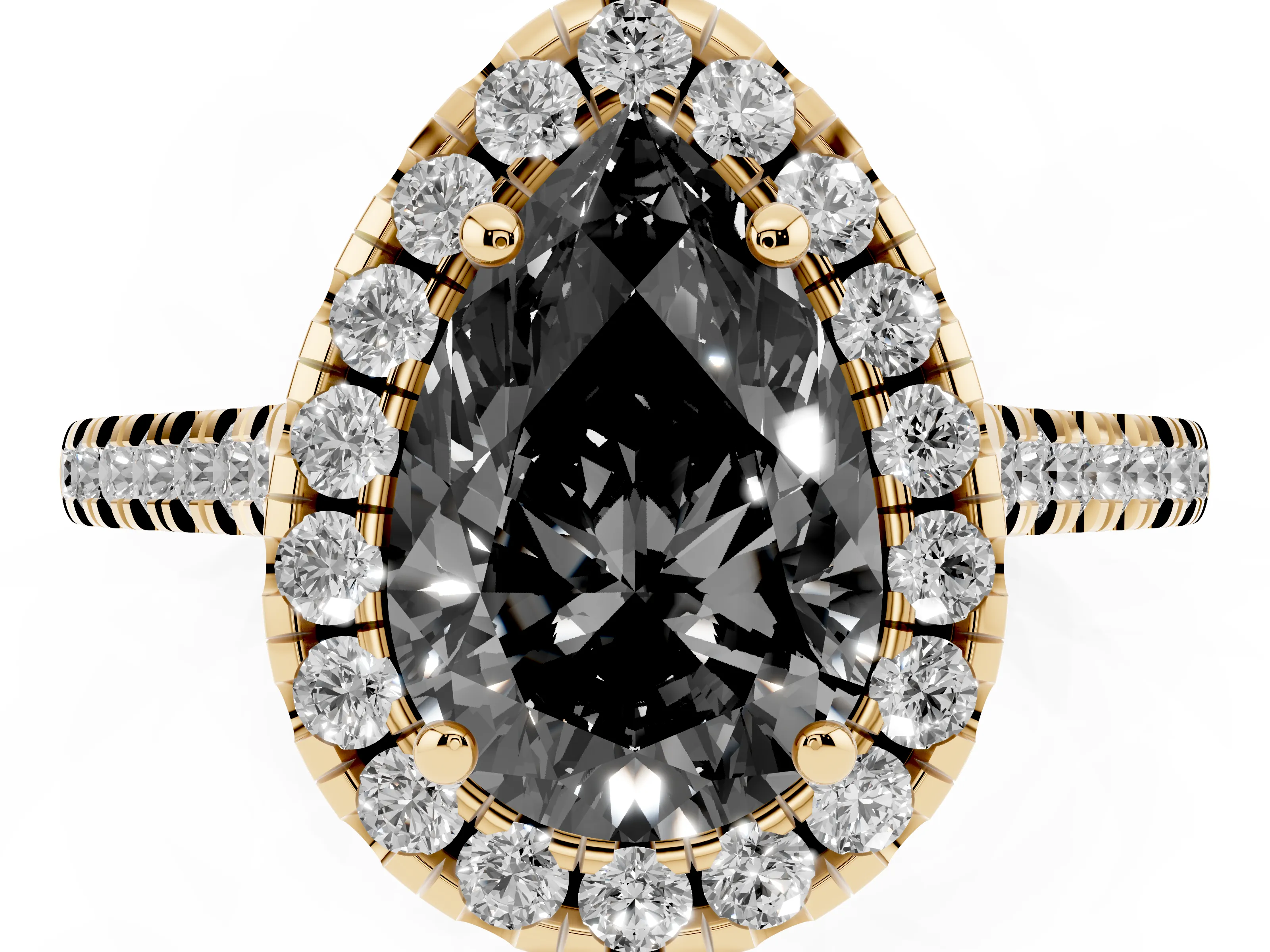 Fancy Black Pear Cut Diamond Cushion Halo Ring Set in Yellow gold with Pavé Band