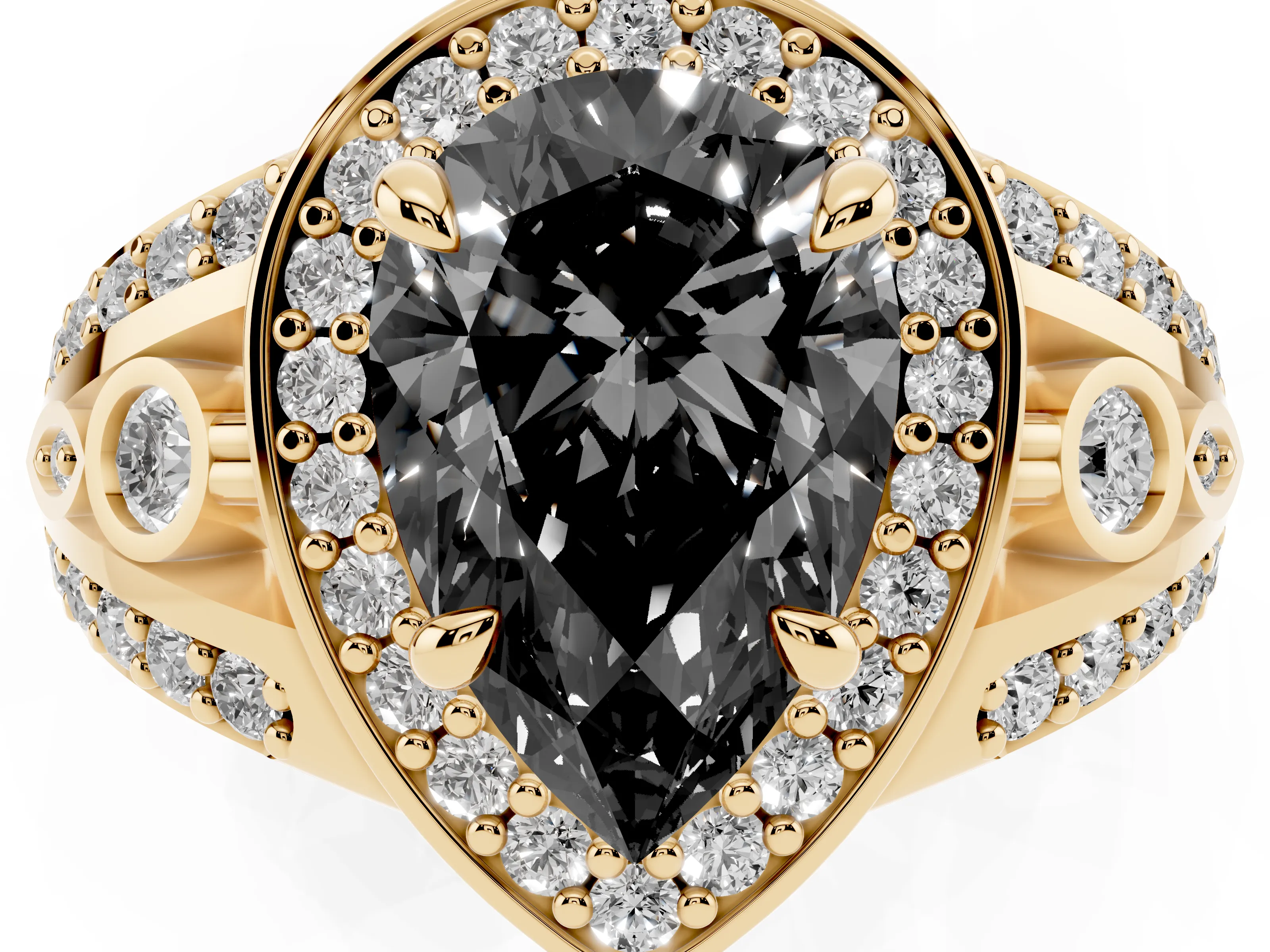Fancy Black Pear Cut Diamond Halo Ring Set in Yellow gold with Pavé Split Shank and Bezel Accents