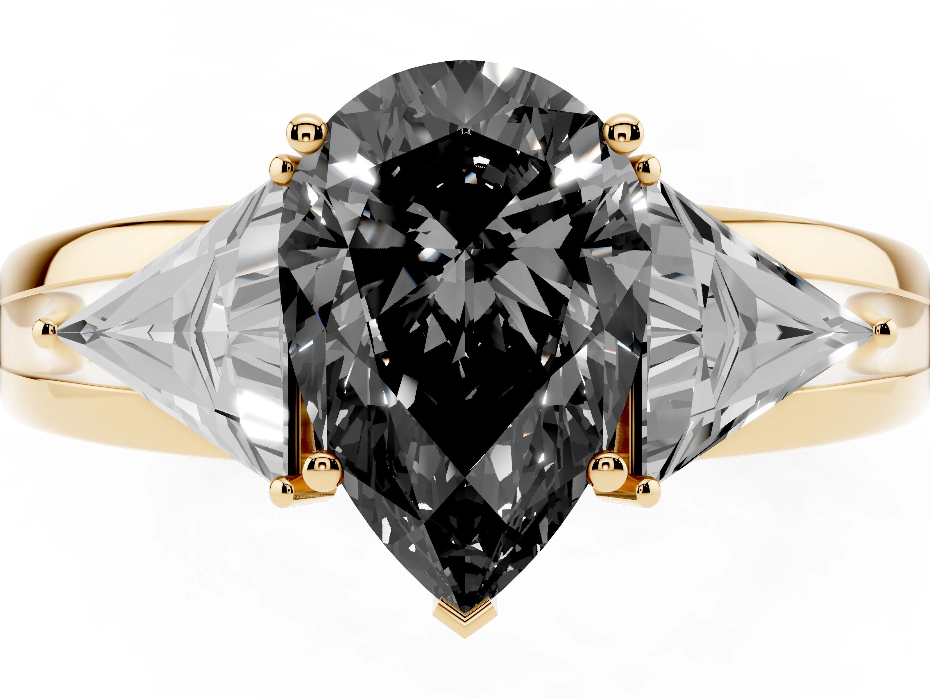 Fancy Black Pear Cut Diamond Three-Stone Ring Set in Yellow gold with Trillion Side Stones and Split Shank