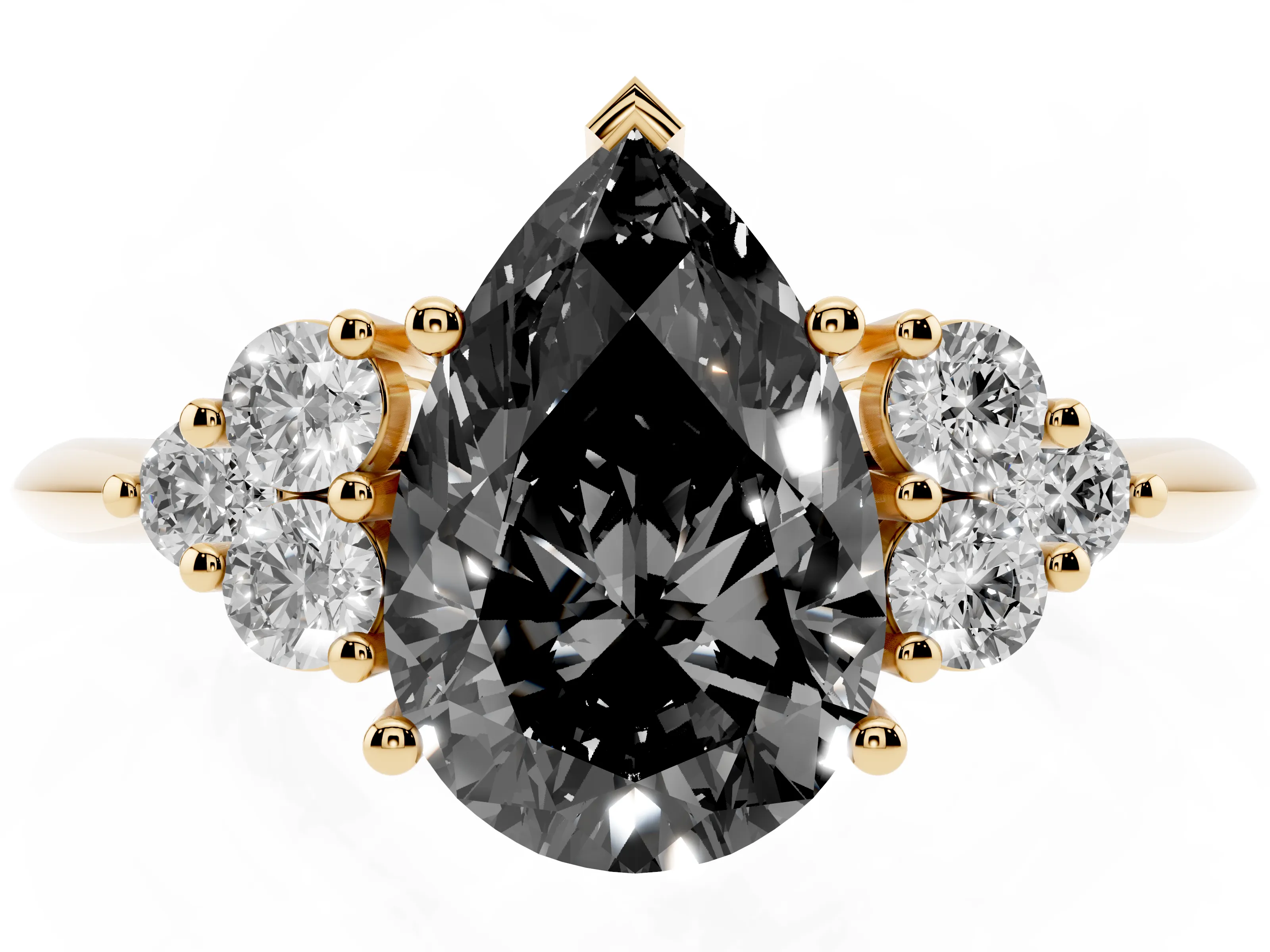 Fancy Black Pear Cut Diamond Cluster Ring Set in Yellow gold with Plain Band and Prong Setting