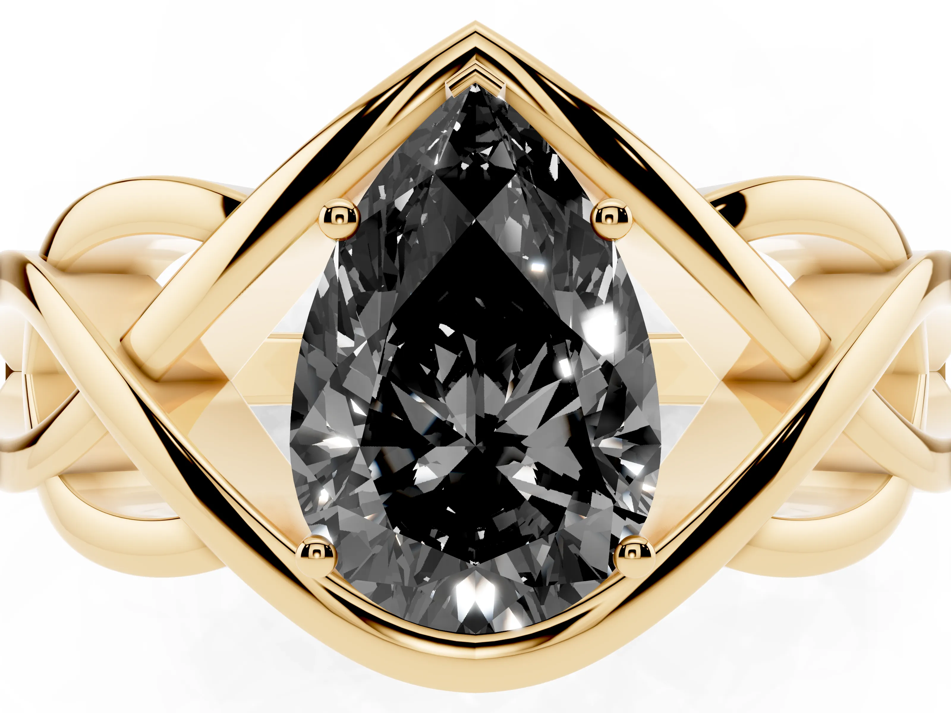 Fancy Black Pear Cut Diamond Solitaire Ring Set in Yellow gold with Intertwined Band