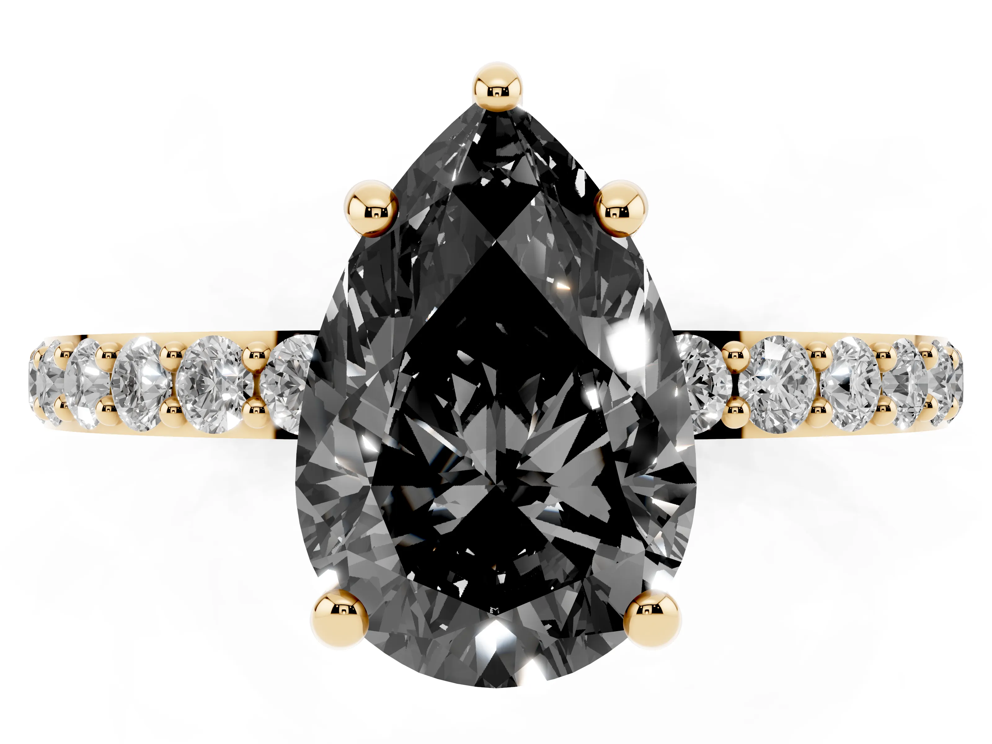 Fancy Black Pear Cut Diamond Solitaire Ring Set in Yellow gold with Round Pavé Band and Prong Setting