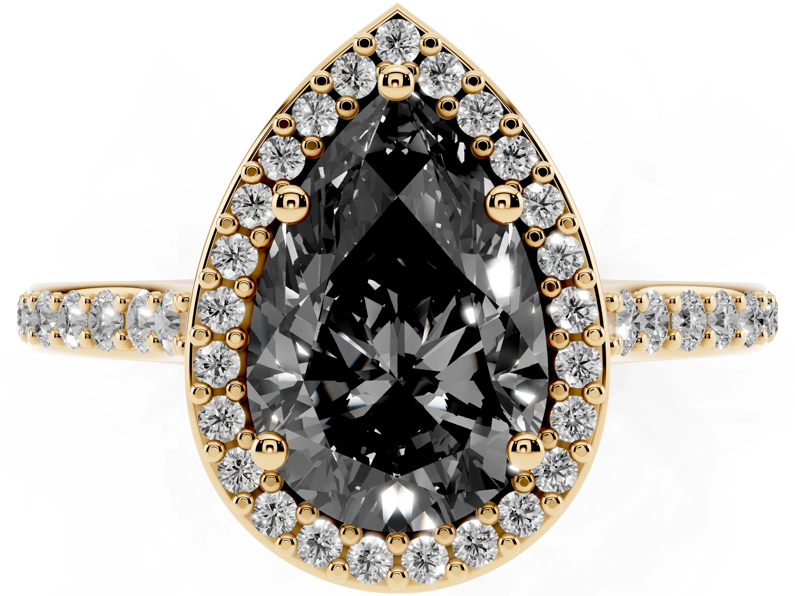 Fancy Black Pear Cut Diamond Halo Engagement Ring Set in Yellow gold with Round Pavé Shoulders and Heart Gallery