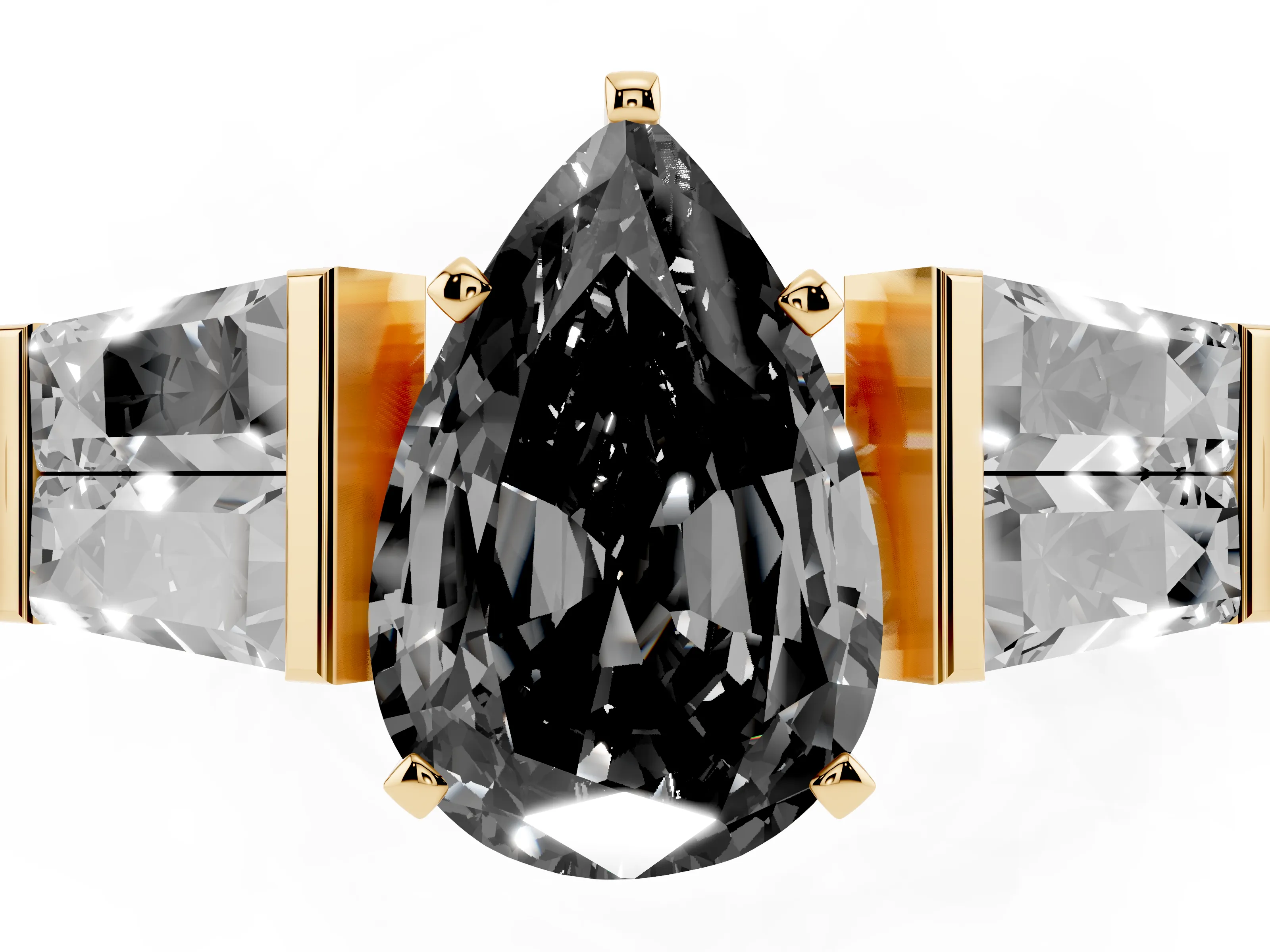 Fancy Black Pear Cut Diamond Engagement Ring Set in Yellow gold with Baguette Side Stones and Channel Set Band