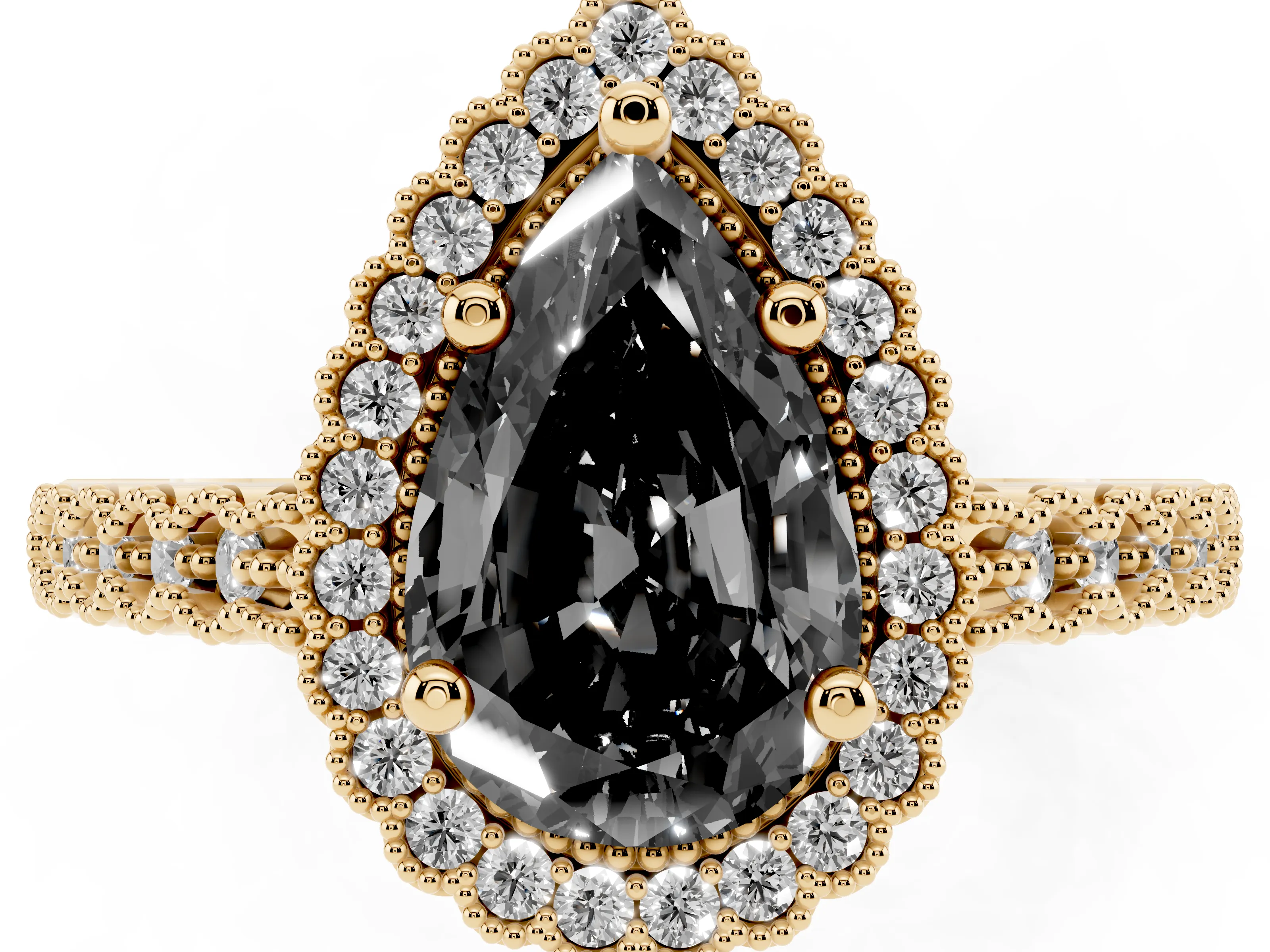 Fancy Black Pear Cut Diamond Halo Ring Set in Yellow gold with Pavé Milgrain Band