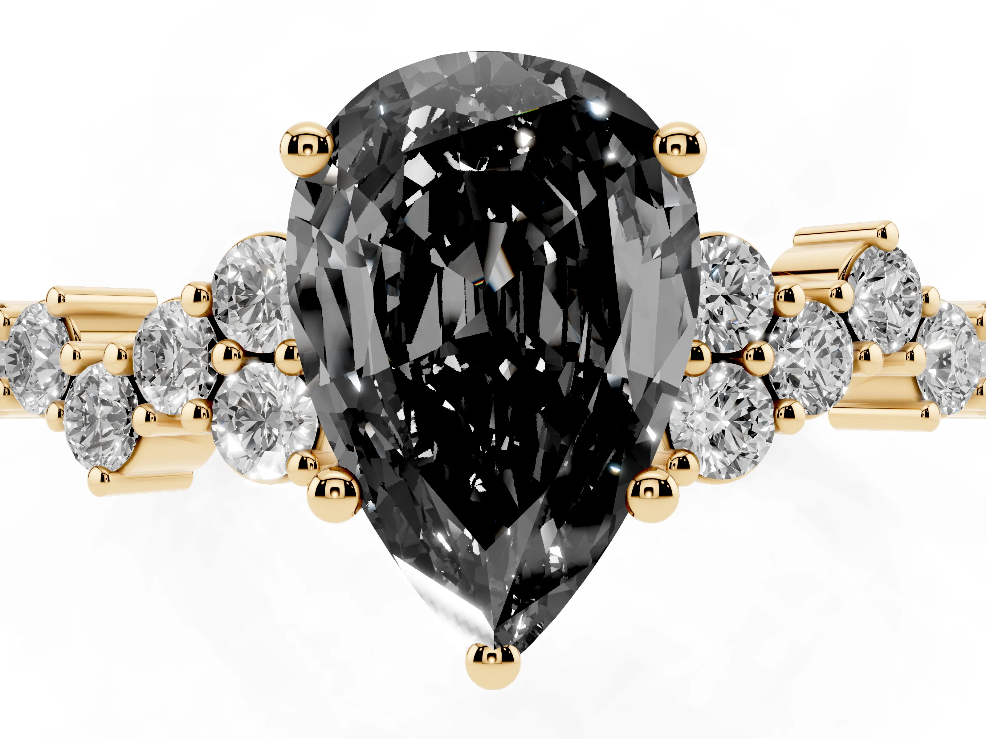 Fancy Black Pear Cut Diamond Ring Set in Yellow gold with Scattered Round Accents