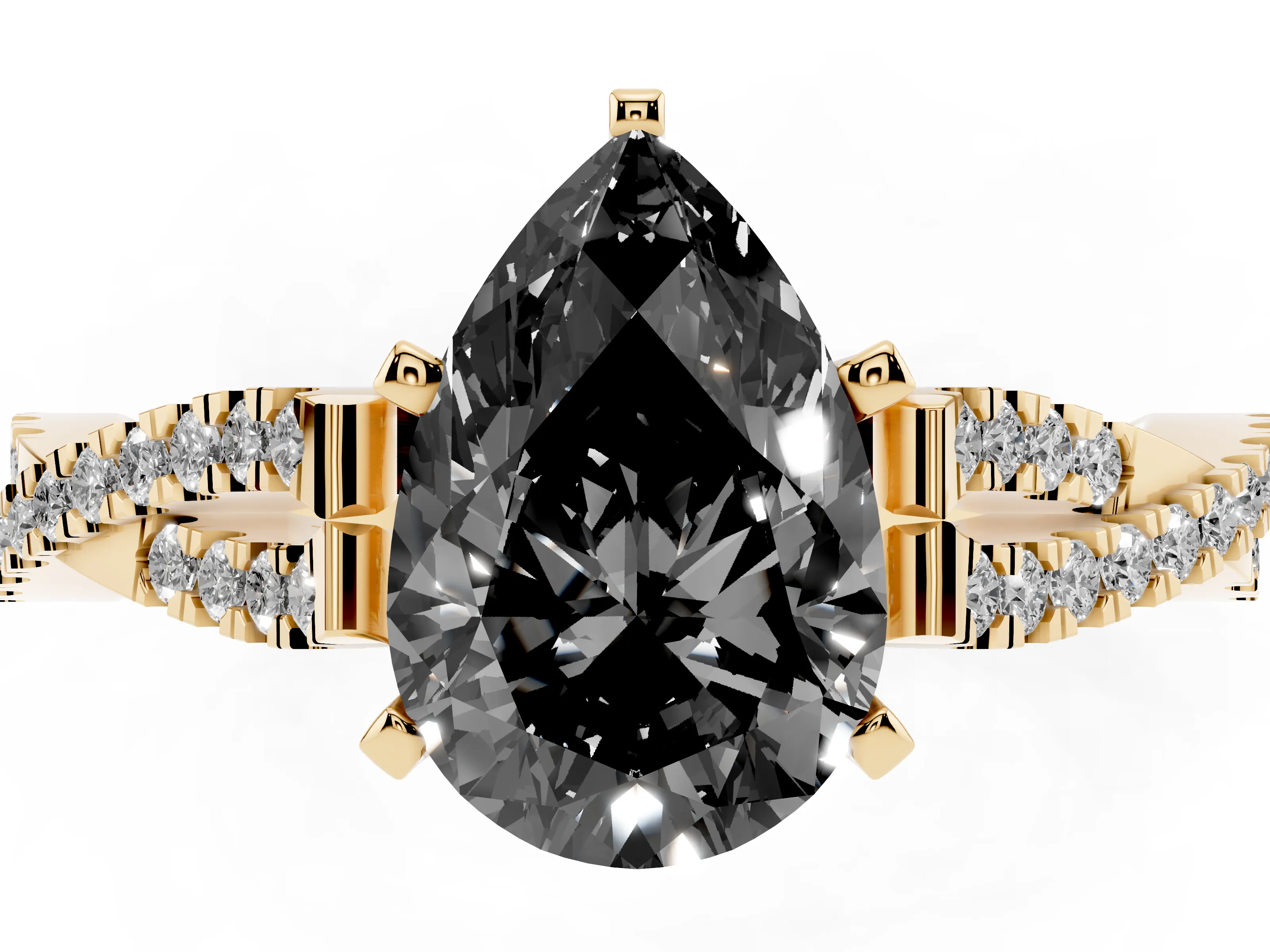 Fancy Black Pear Cut Diamond Solitaire Engagement Ring Set in Yellow gold with Twisted Pavé Band and Prong Setting