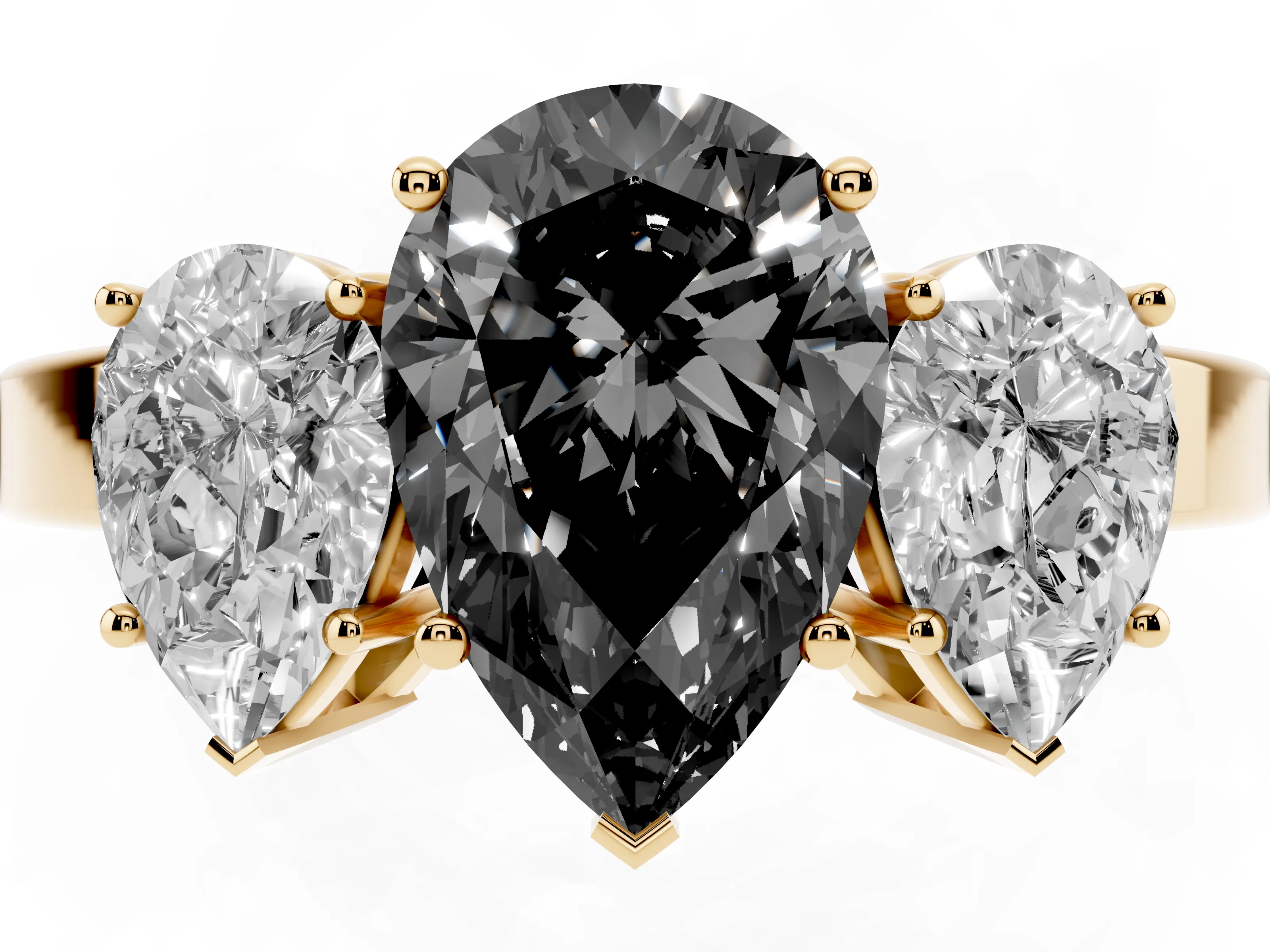 Fancy Black Pear Cut Diamond Three-Stone Engagement Ring Set in Yellow gold with Flat Band