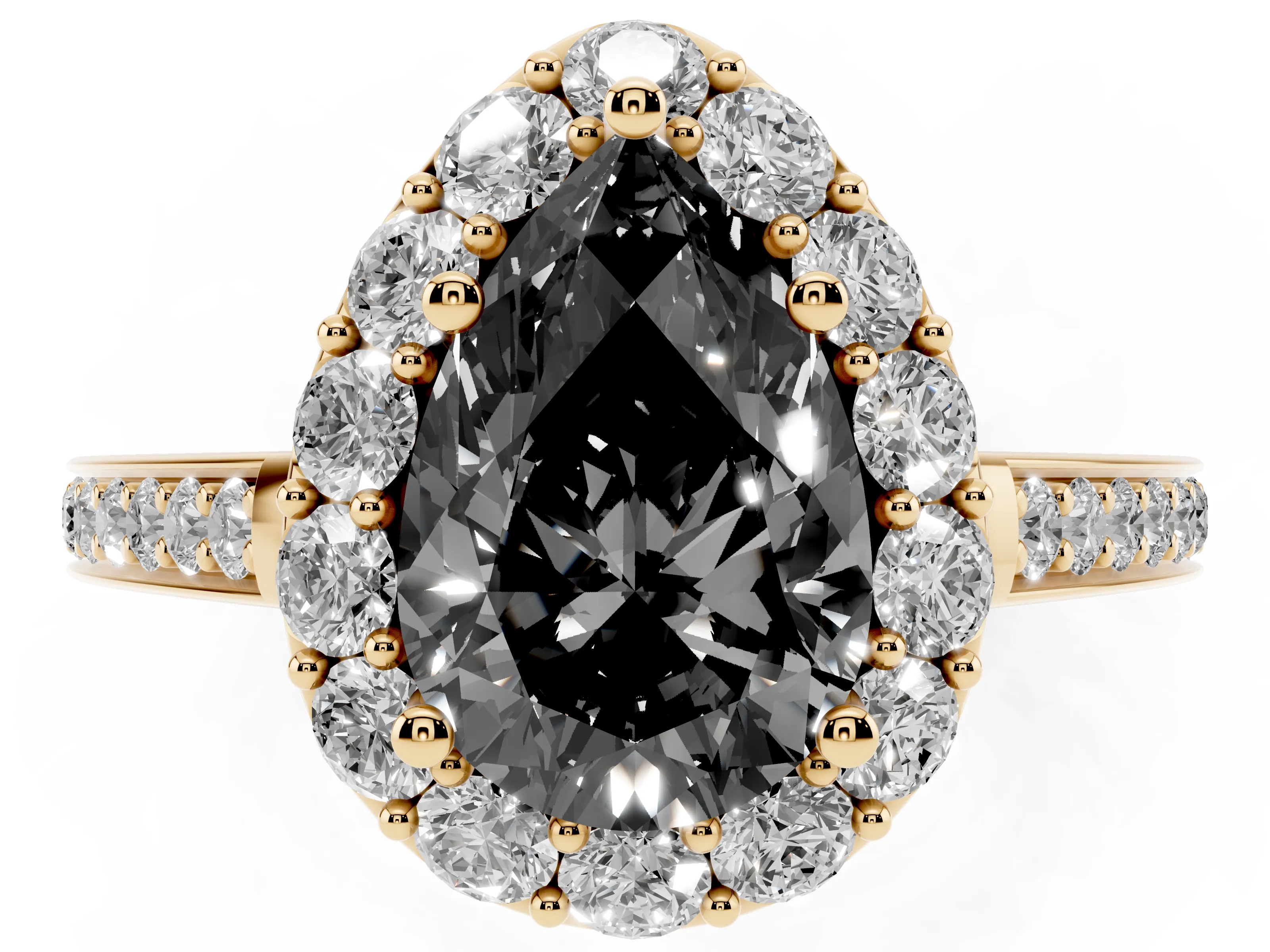 Fancy Black Pear Cut Diamond Floral Halo Ring Set in Yellow gold with Pavé Band and Prong Setting
