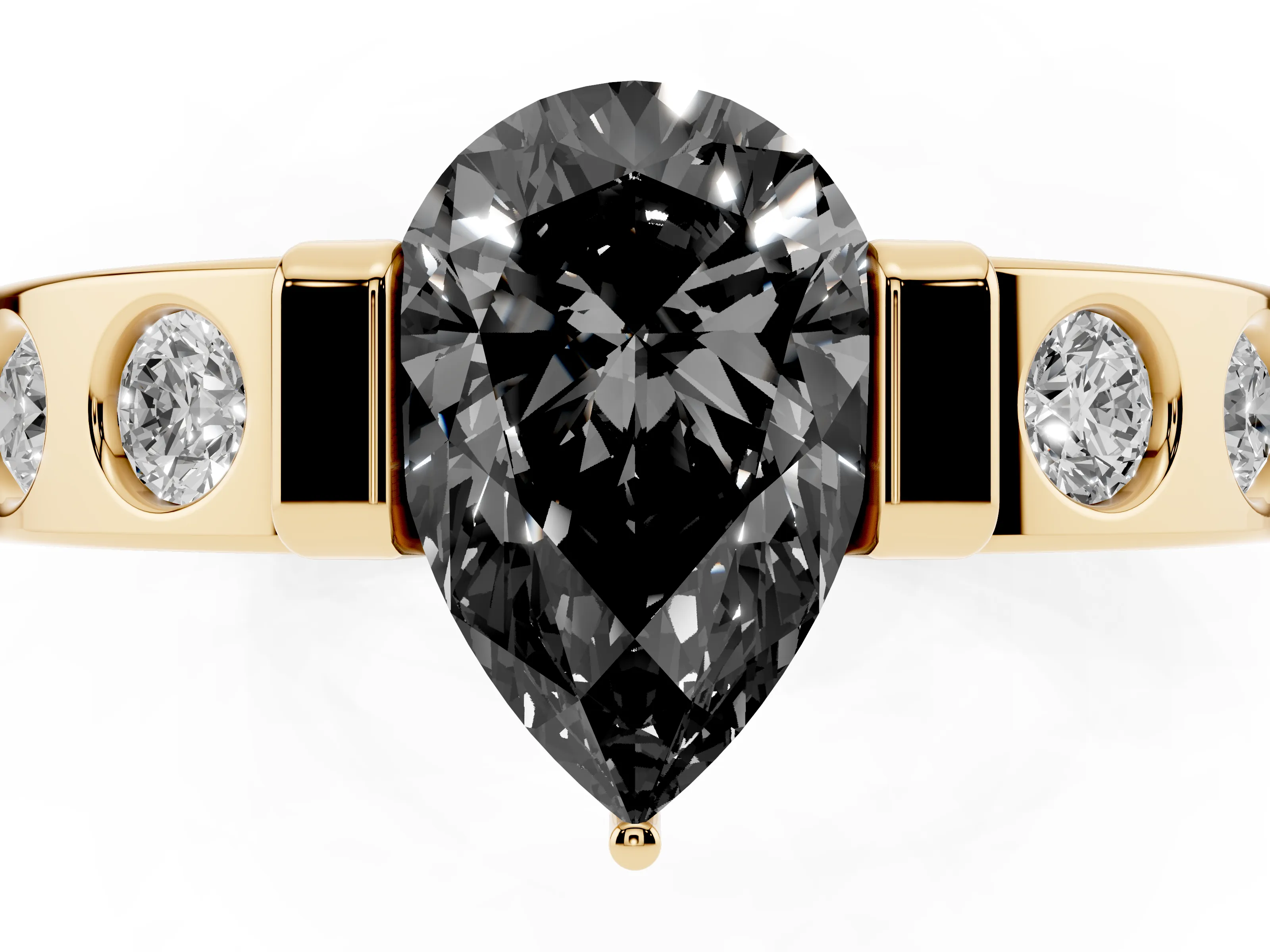 Fancy Black Pear Cut Diamond Channel-Set Band Ring Set in Yellow gold with Bezel Prong Setting