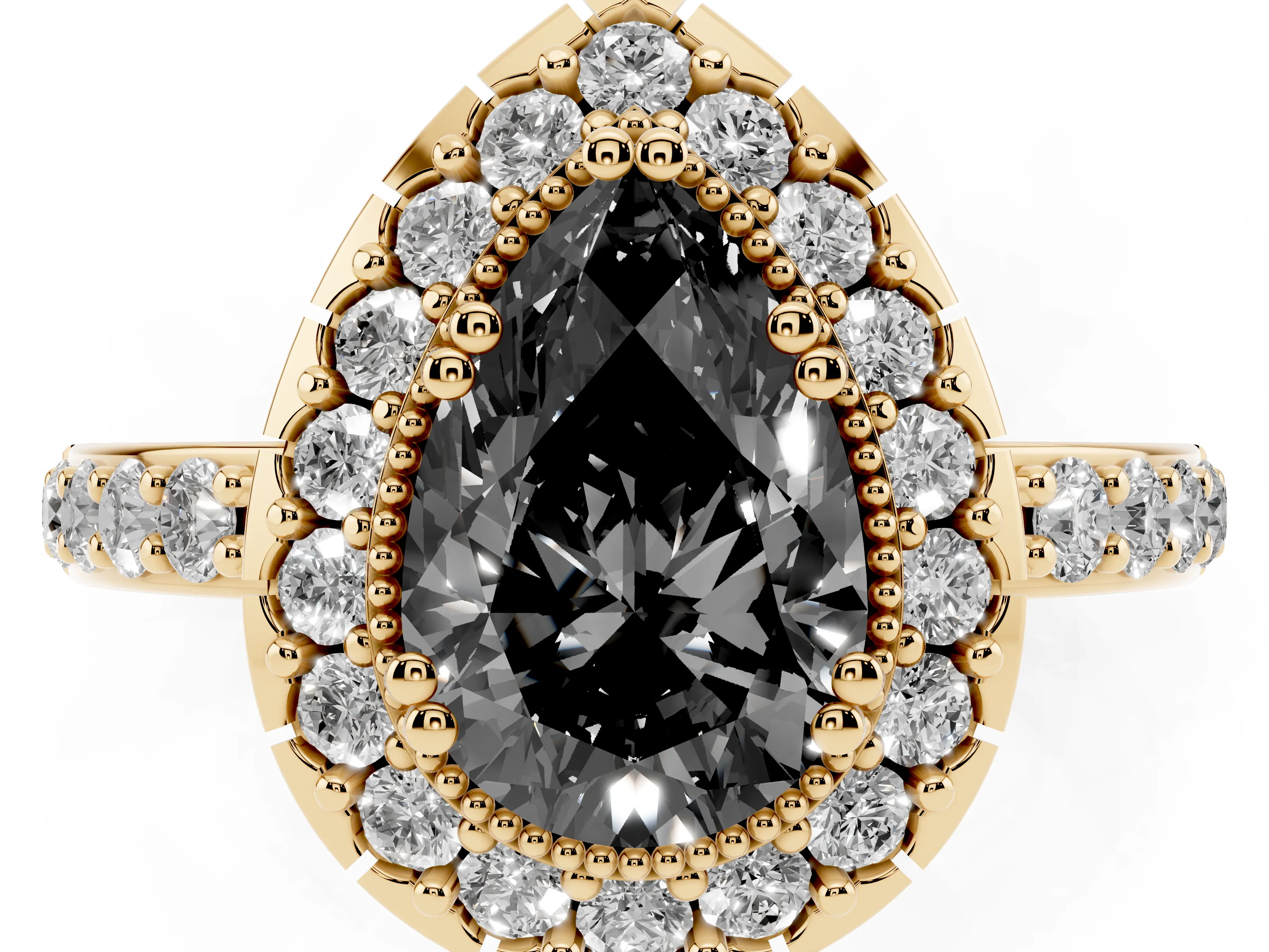Fancy Black Pear Cut Diamond Halo Ring Set in Yellow gold with Pavé Shank and Prong Setting