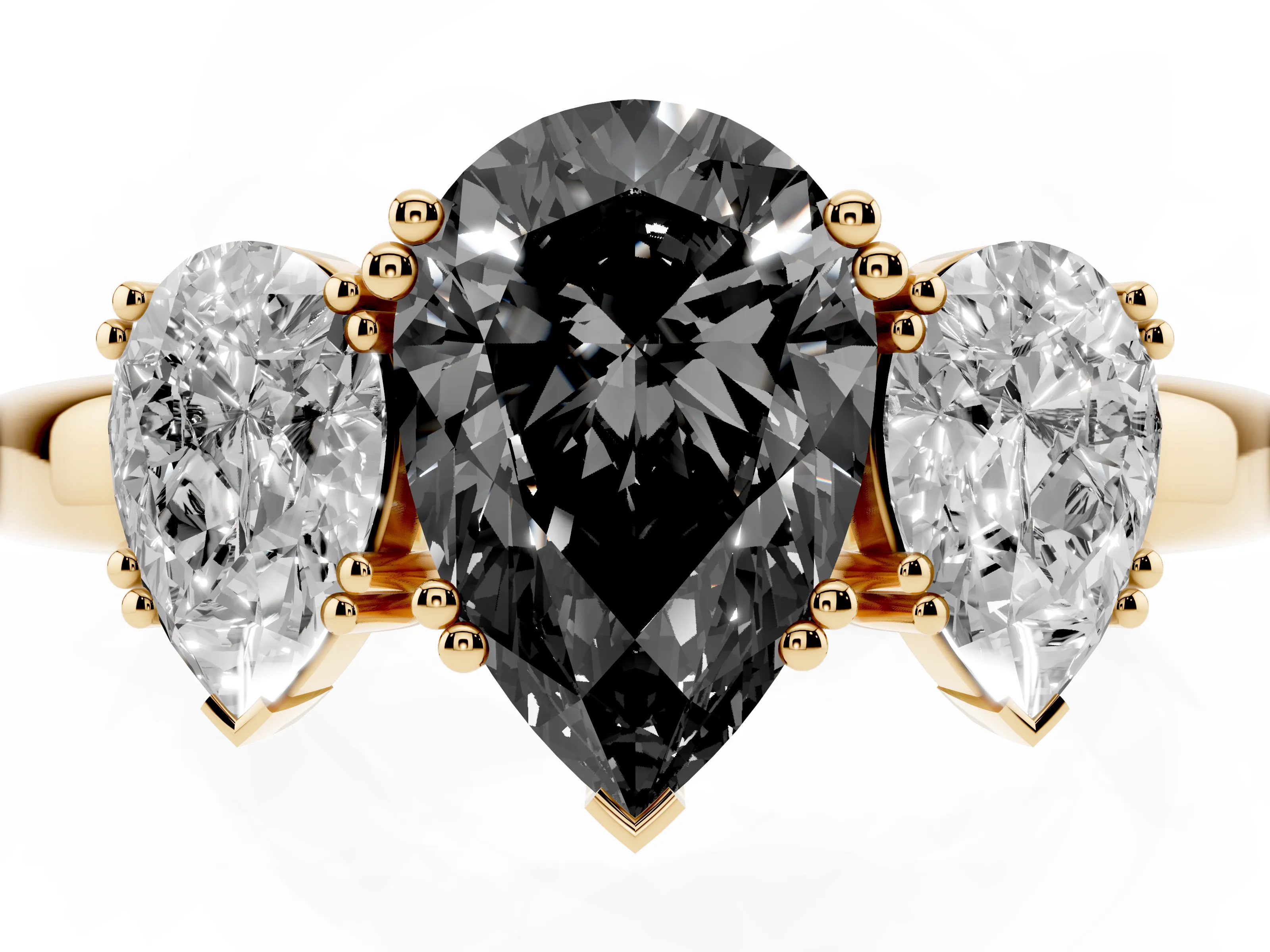 Fancy Black Pear Cut Diamond Three-Stone Ring Set in Yellow gold with Polished Channel-Set Band