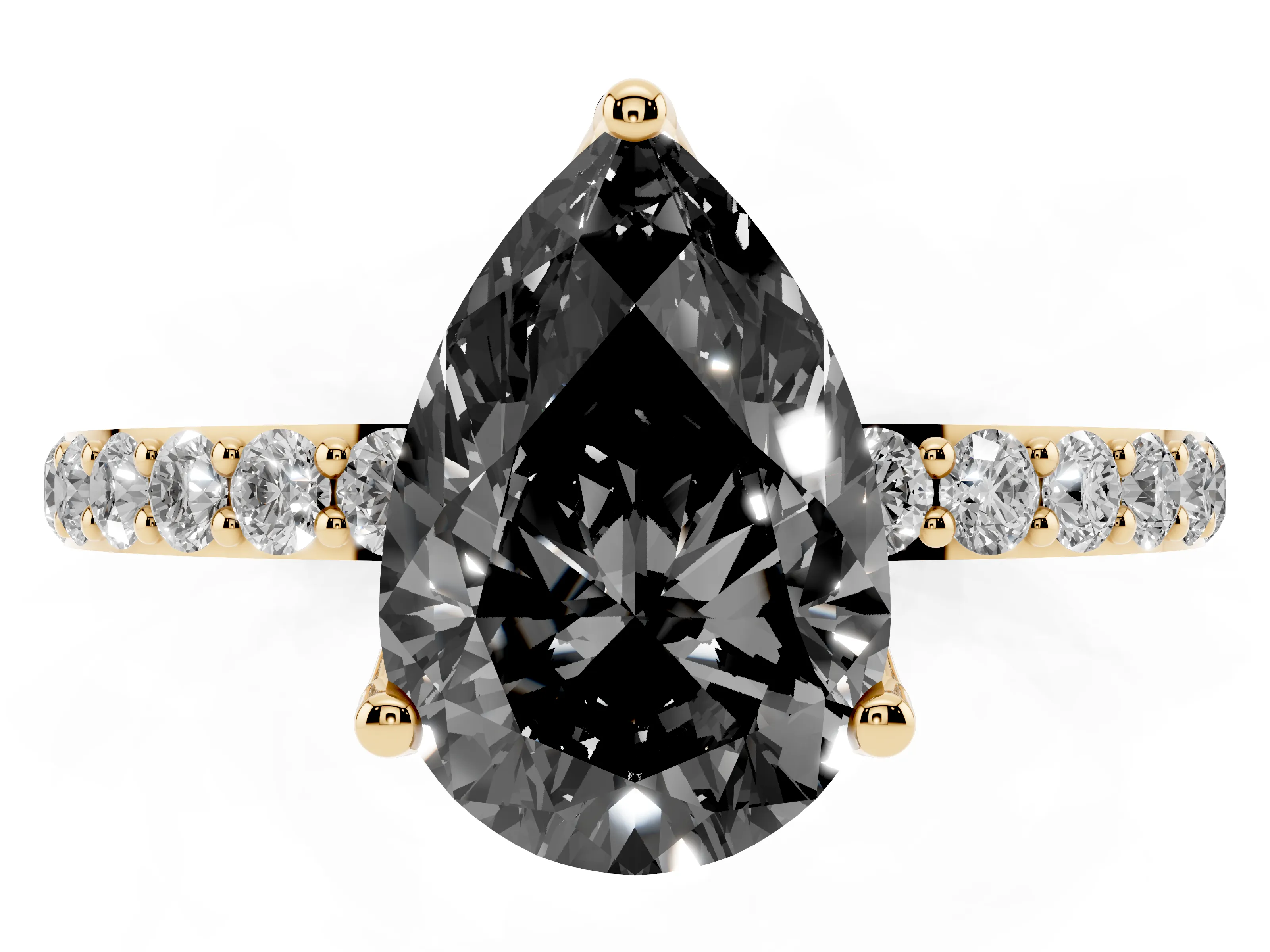 Fancy Black Pear Cut Diamond Solitaire Engagement Ring Set in Yellow gold with Round Pavé Band and Prong Setting