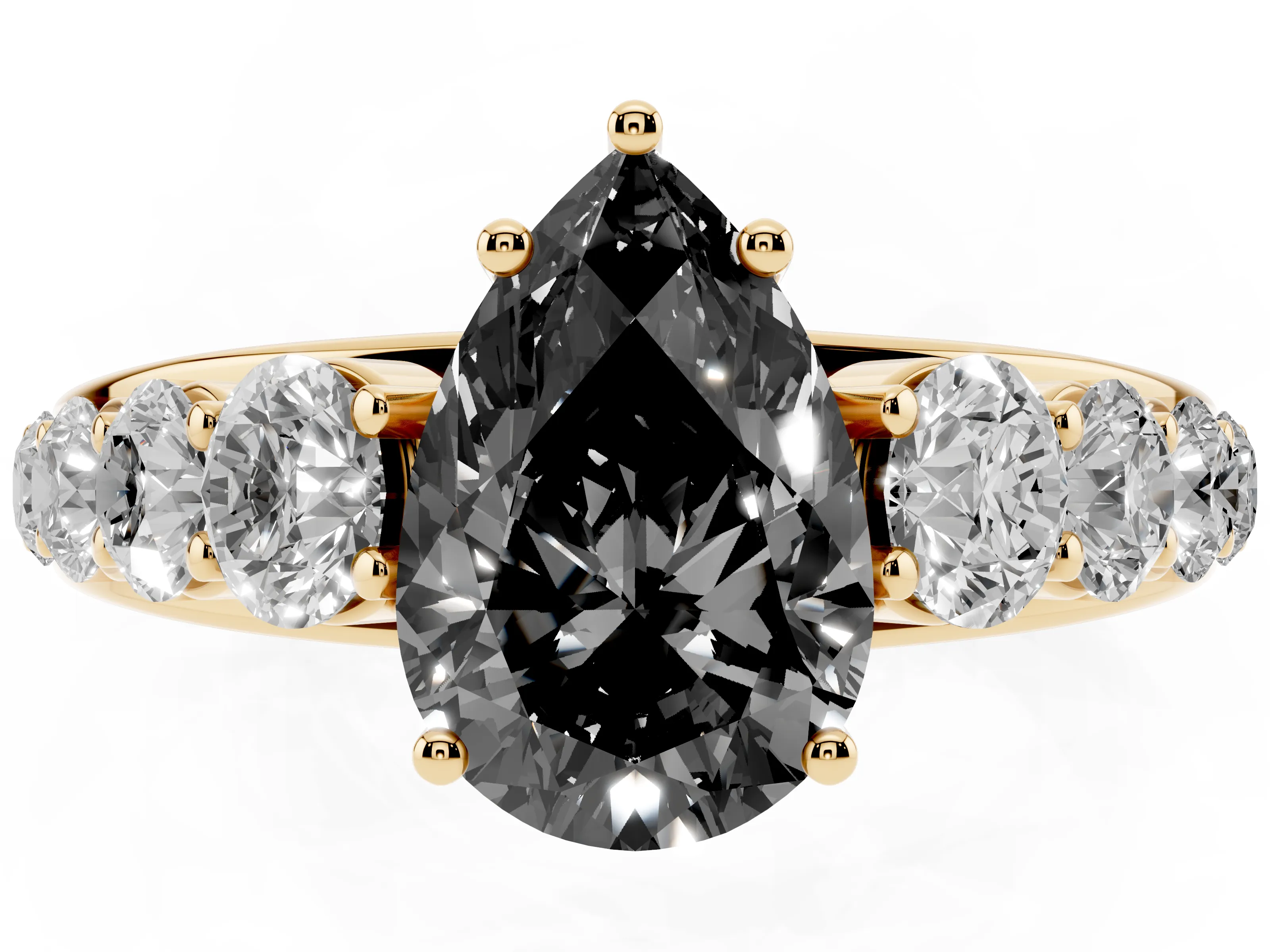 Fancy Black Pear Cut Diamond Solitaire Ring Set in Yellow gold with Pavé-Set Band and Prong Setting
