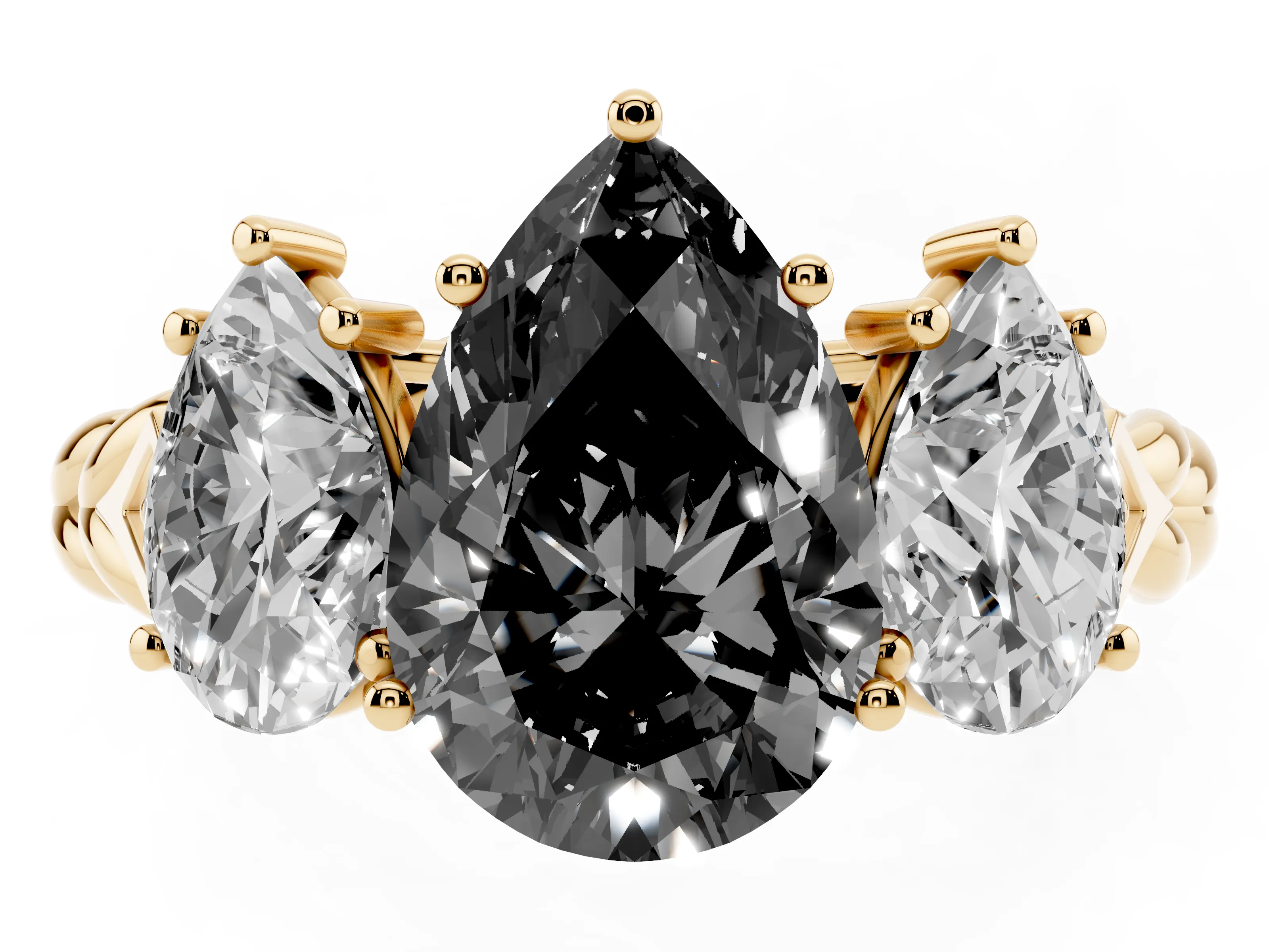 Fancy Black Pear Cut Diamond Three-Stone Ring Set in Yellow gold with Braided Band