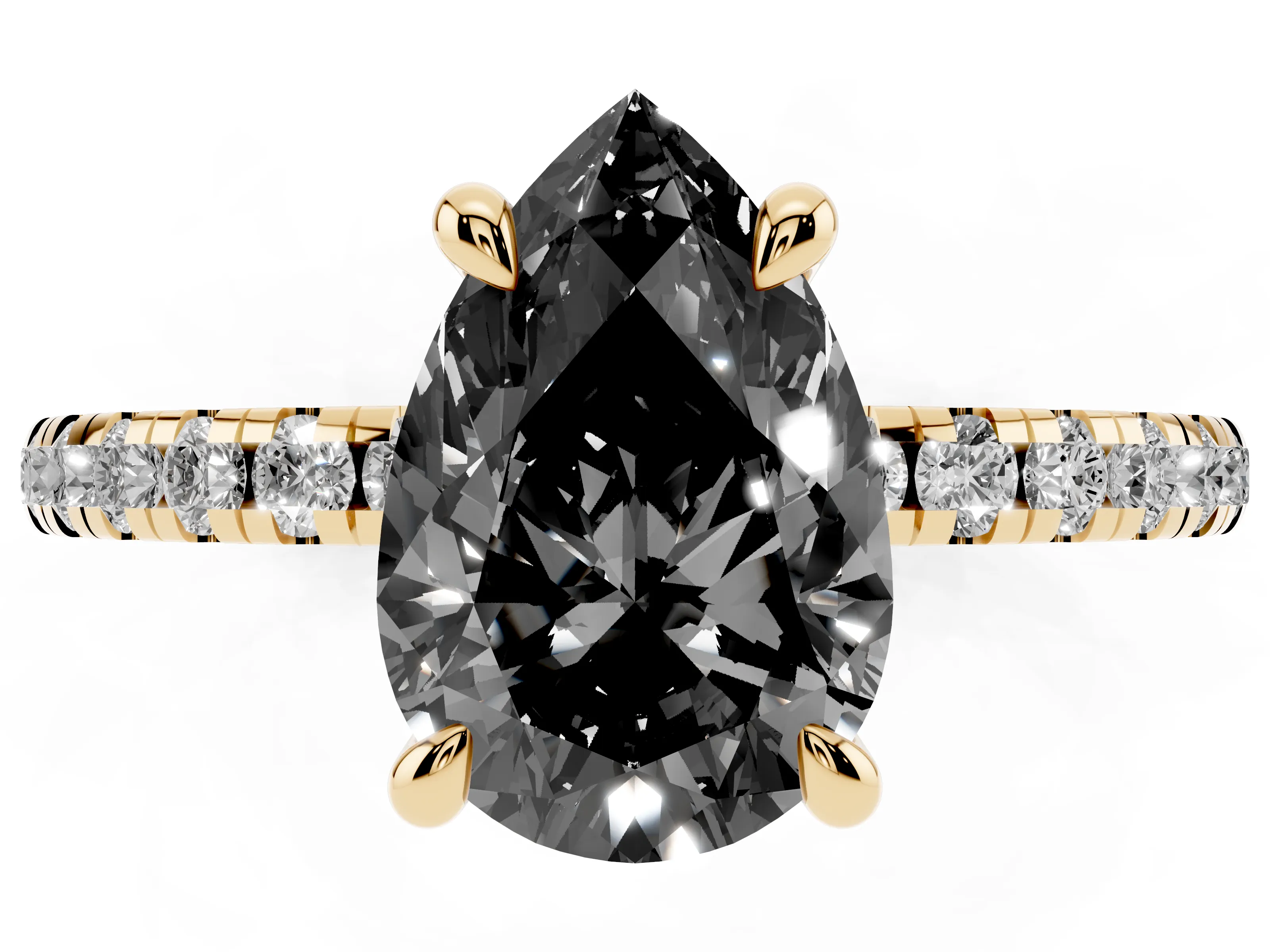 Fancy Black Pear Cut Diamond Brilliant Solitaire Ring Set in Yellow gold with Pavé Band and Prong Setting