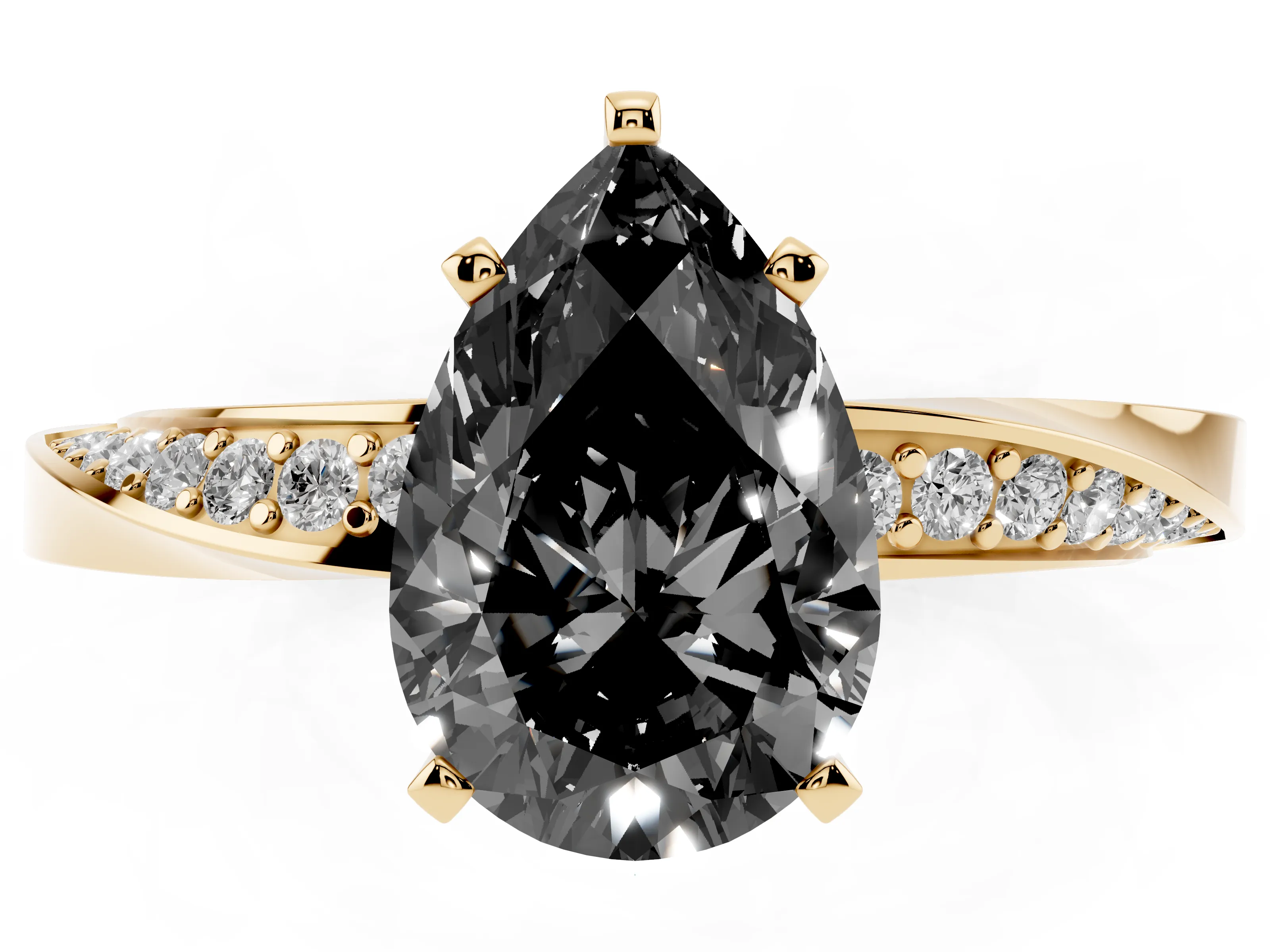 Fancy Black Pear Cut Diamond Engagement Ring Set in Yellow gold with Side Stone Accents and Prong Setting
