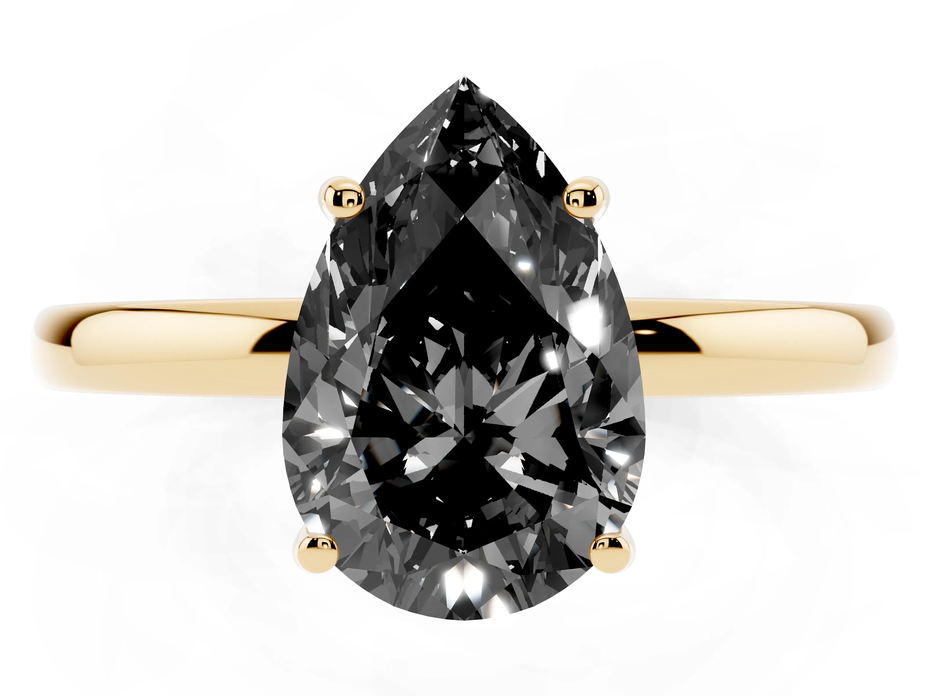 Fancy Black Pear Cut Diamond Solitaire Ring Set in Yellow gold with Plain Band and Prong Setting