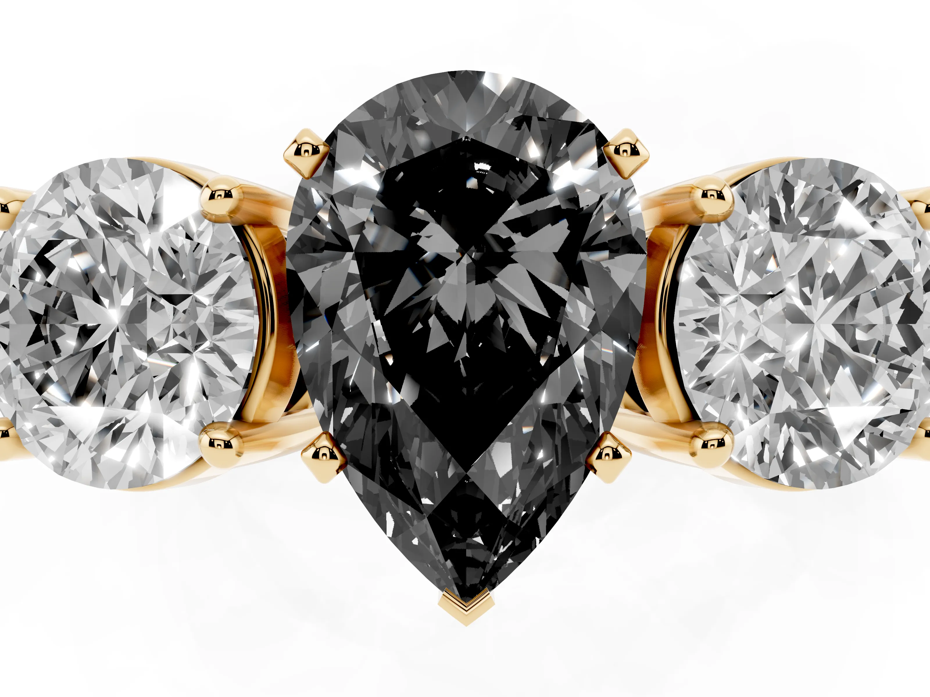 Fancy Black Pear Cut Diamond Three-Stone Ring Set in Yellow gold with Round Side Stones and Classic Band