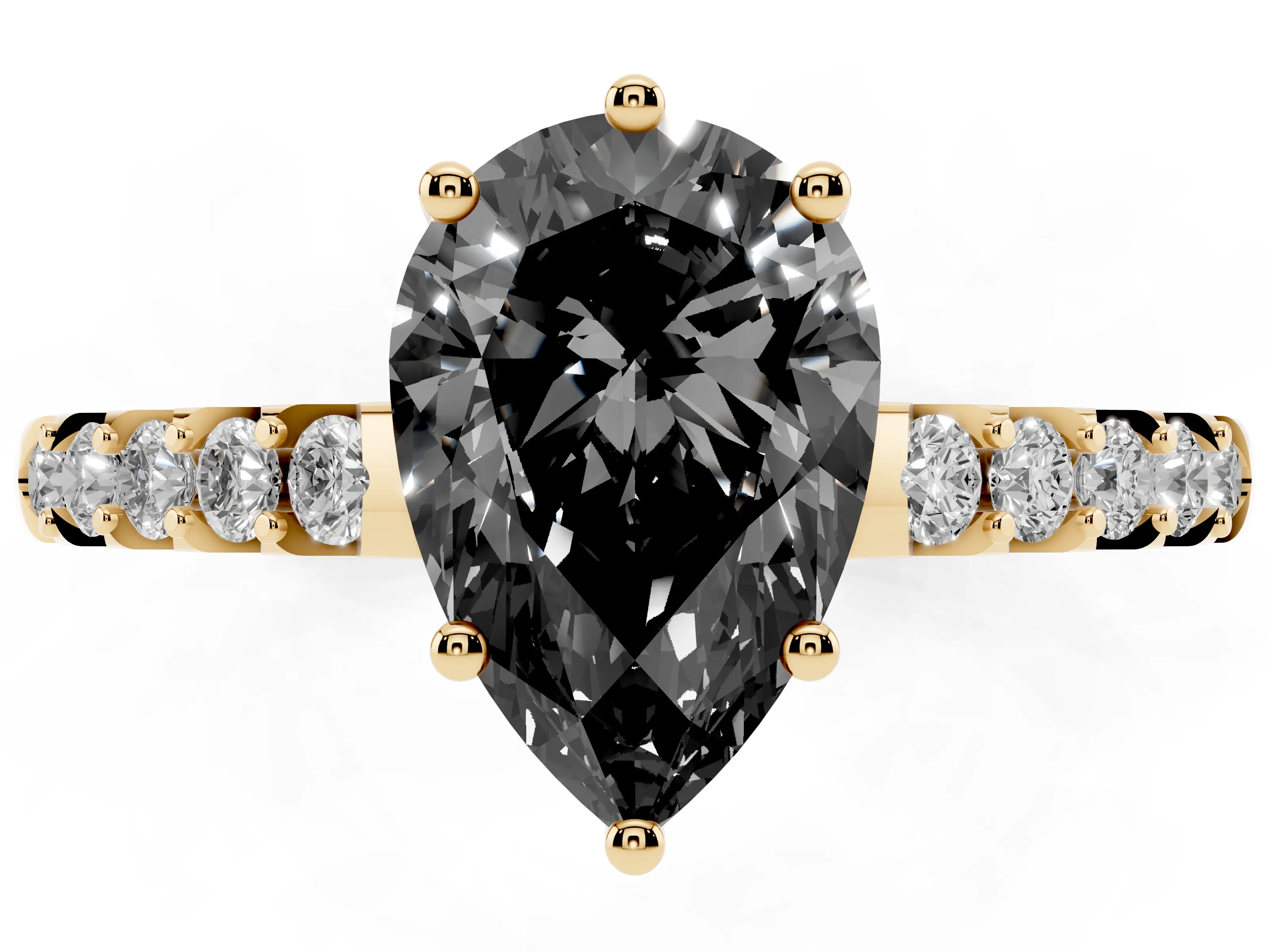 Fancy Black Pear Cut Diamond Solitaire Engagement Ring Set in Yellow gold with Pavé Band and Prong Setting
