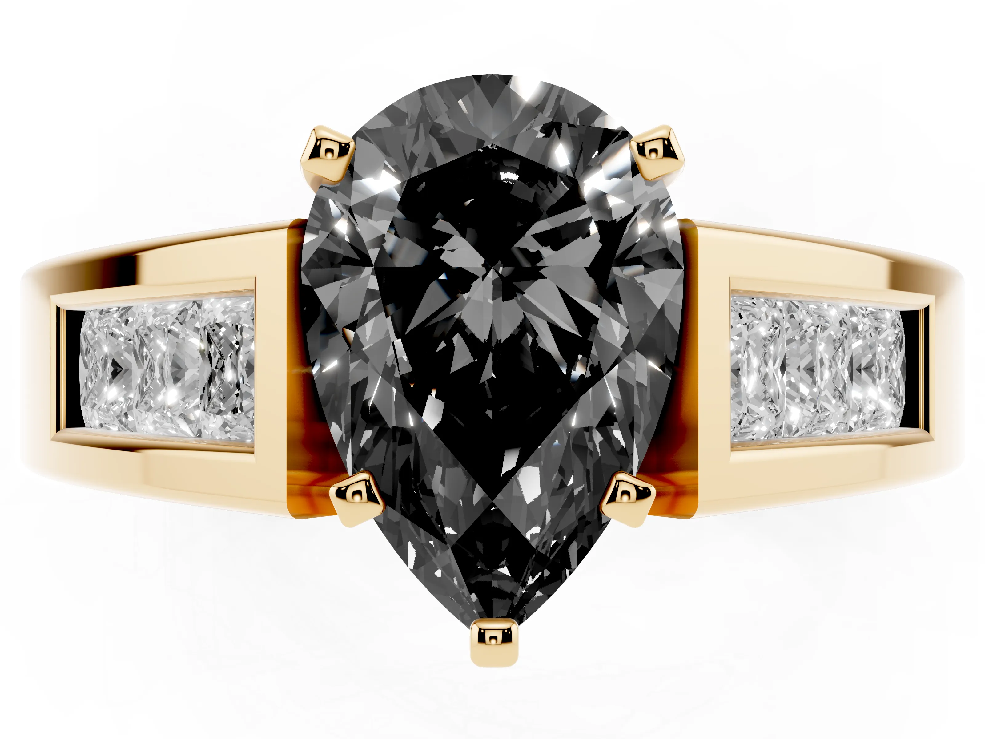 Fancy Black Pear Cut Diamond Solitaire Ring Set in Yellow gold with Channel-Set Accent Stones and Prong Setting