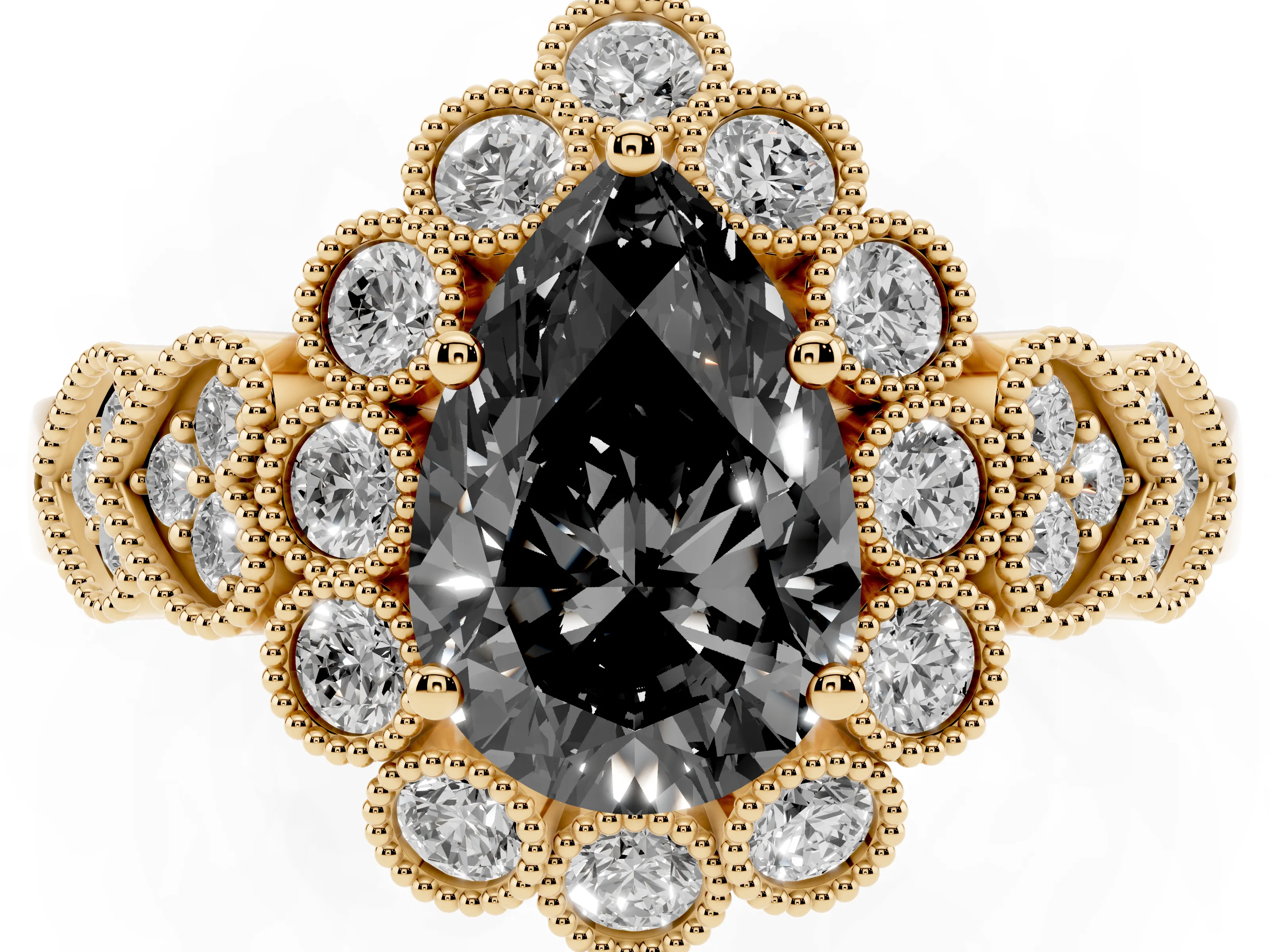 Fancy Black Pear Cut Diamond Solitaire Ring Set in Yellow gold with Milgrain Pavé Heart Band