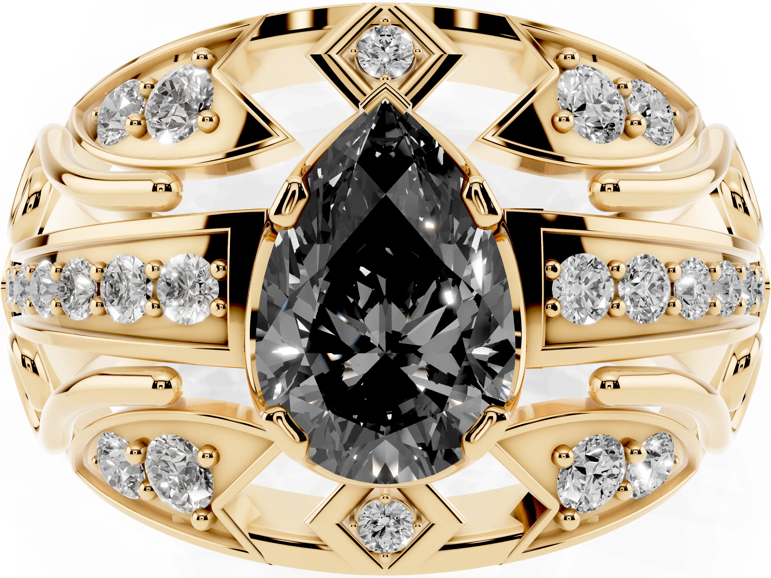 Fancy Black Pear Cut Diamond Art Deco Ring Set in Yellow gold with Pavé Split Shank