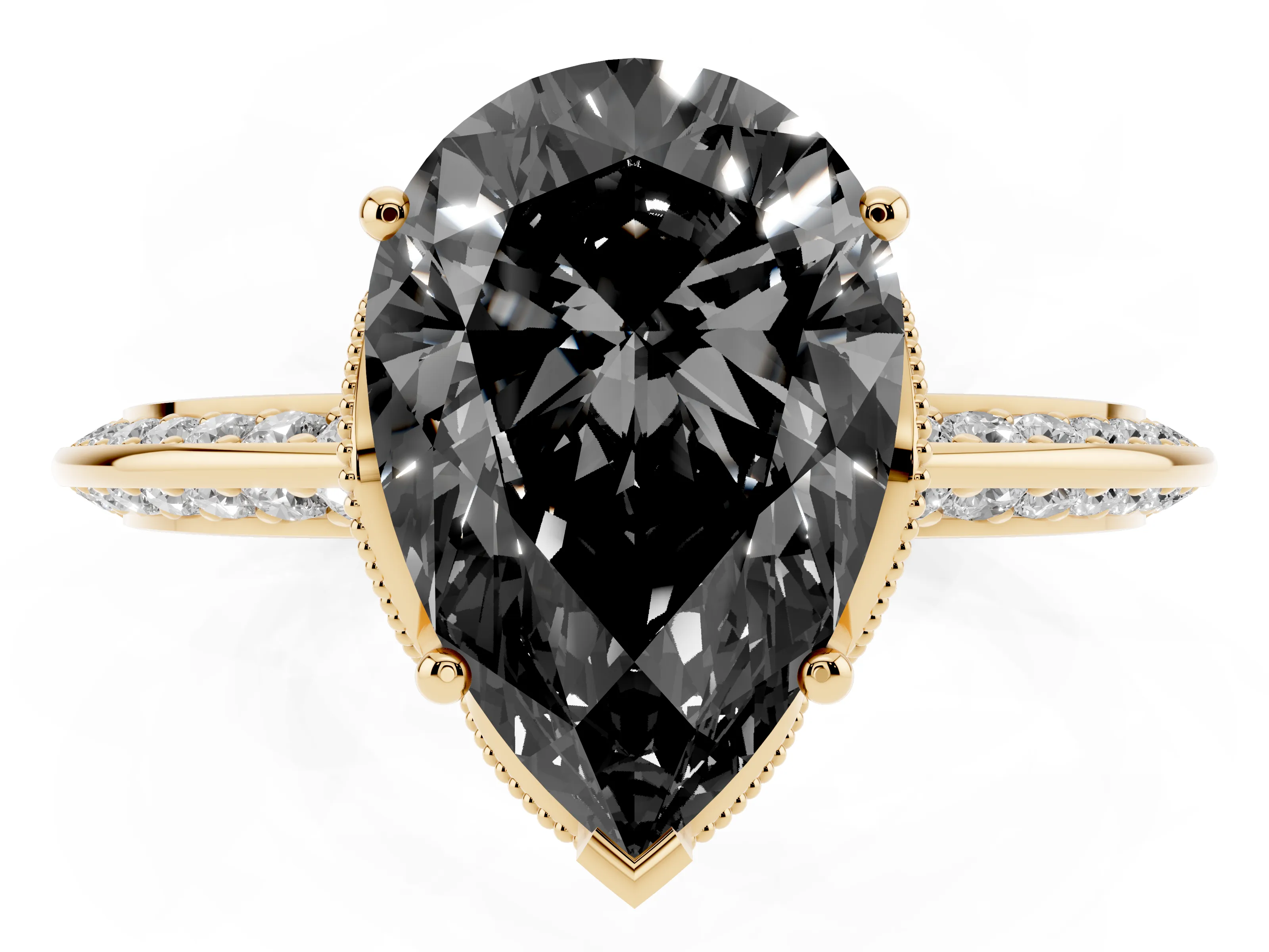 Fancy Black Pear Cut Diamond Solitaire Engagement Ring Set in Yellow gold with Pavé Split Shank and Prong Setting