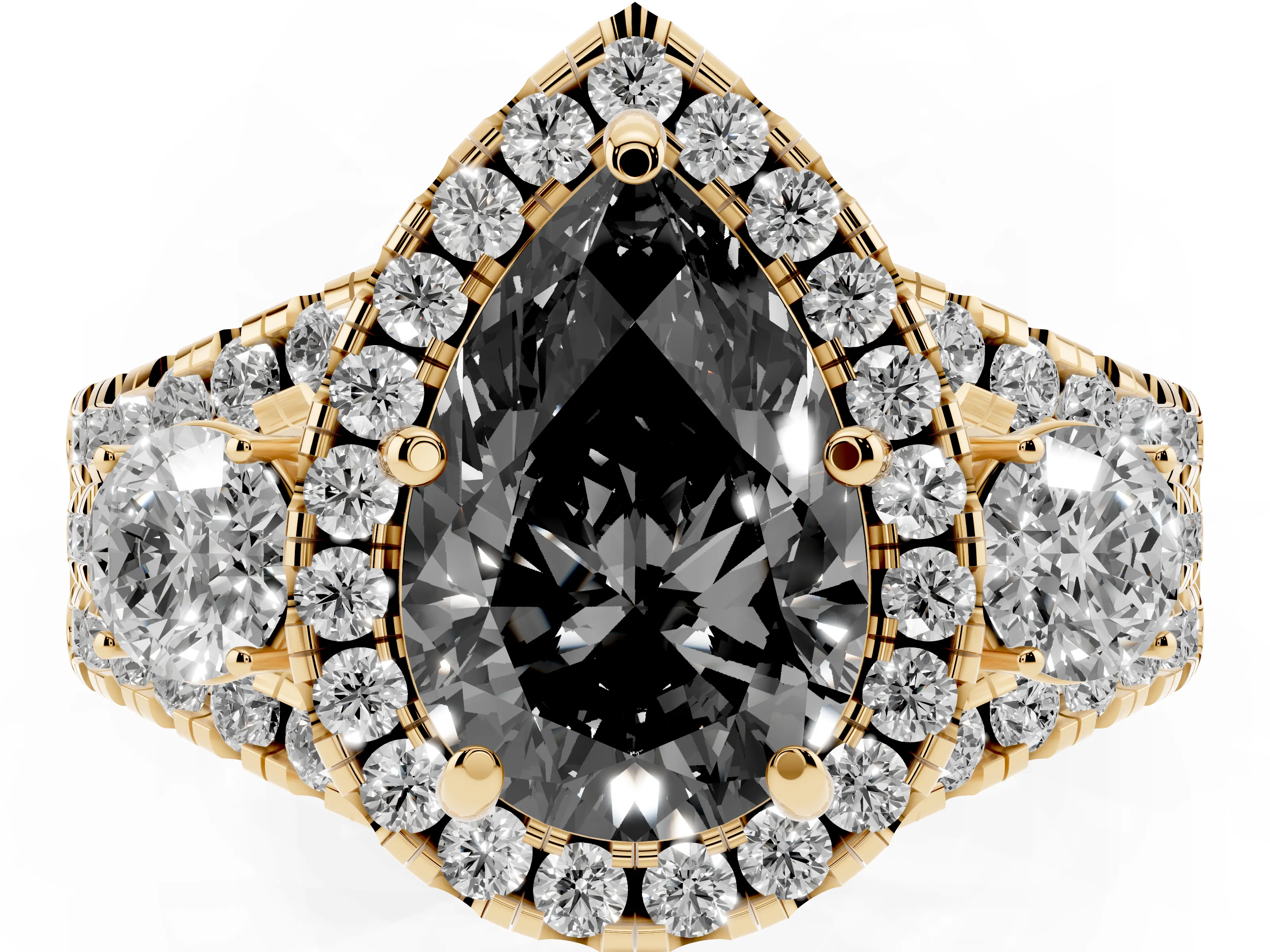 Fancy Black Pear Cut Diamond Halo Split Shank Ring Set in Yellow gold with Round Accent Stones and Prong Setting