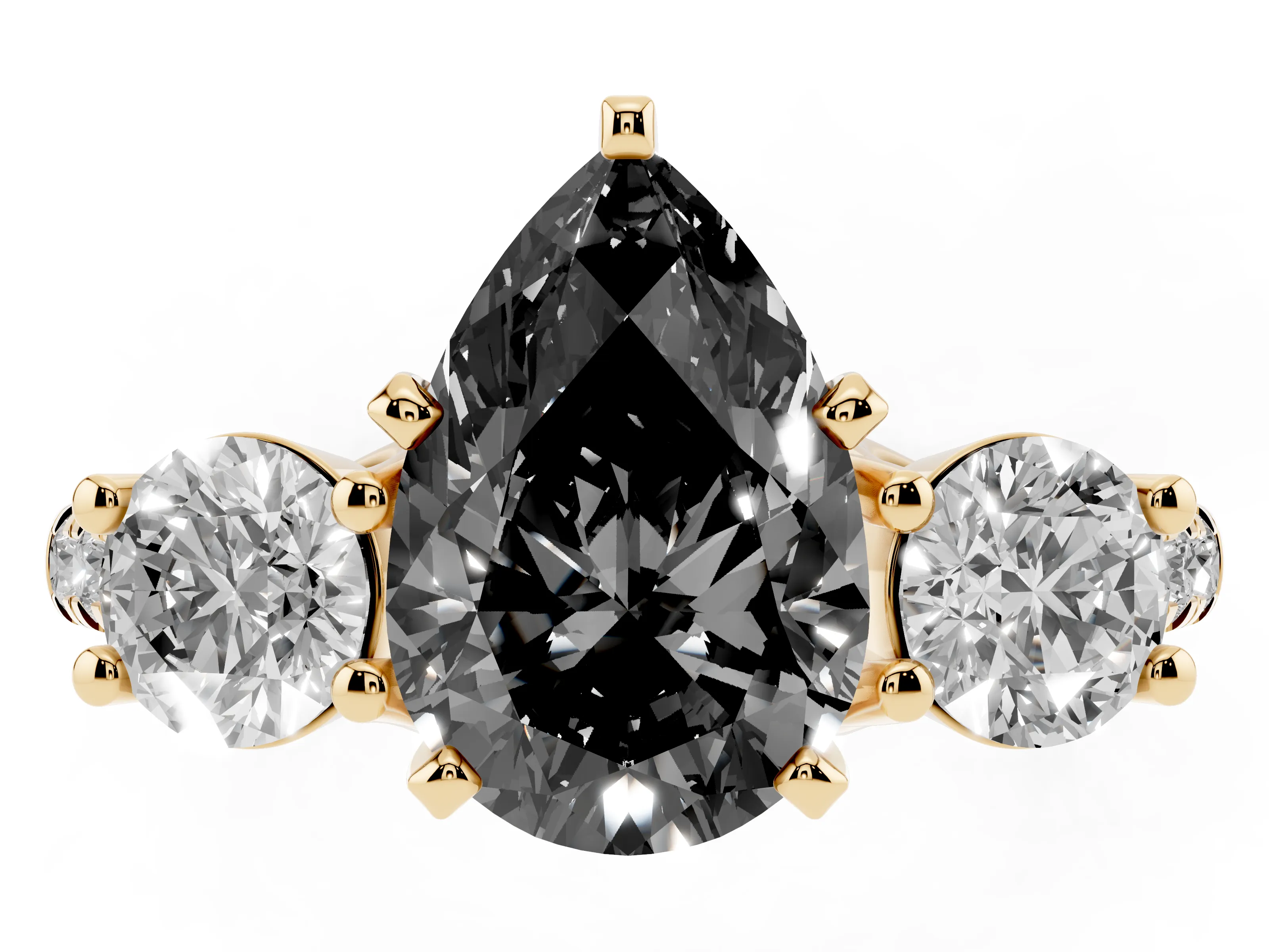 Fancy Black Three-Stone Pear Cut Diamond Pavé Band Ring Set in Yellow gold with Prong-Set Trio