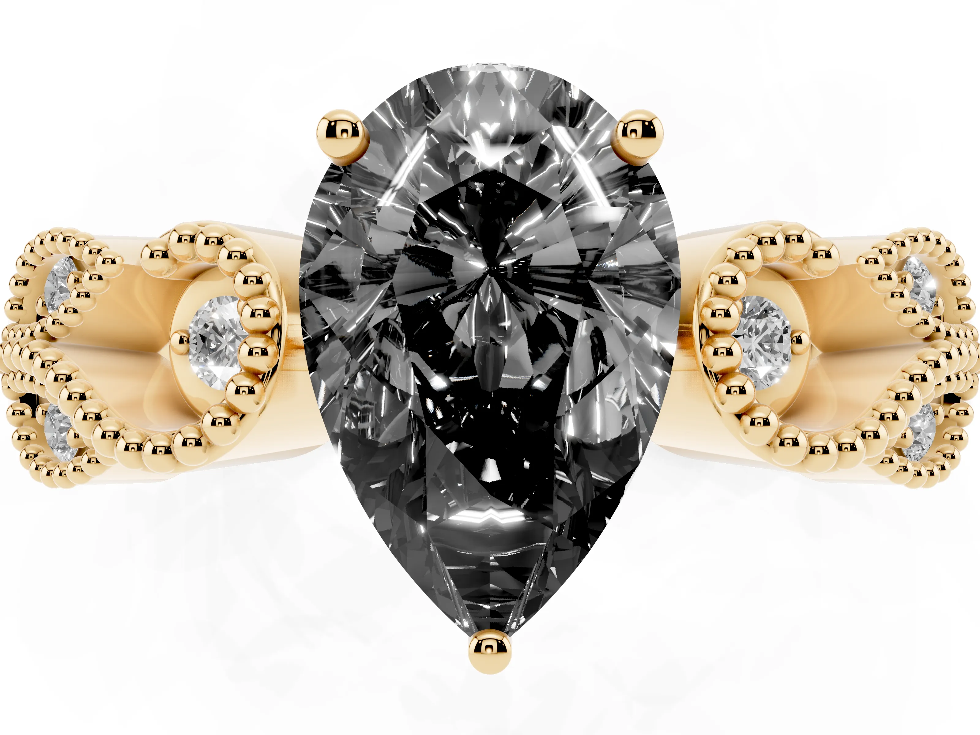 Fancy Black Pear Cut Diamond Milgrain Leaf Band Solitaire Ring Set in Yellow gold with Accent Stones and Prong Setting