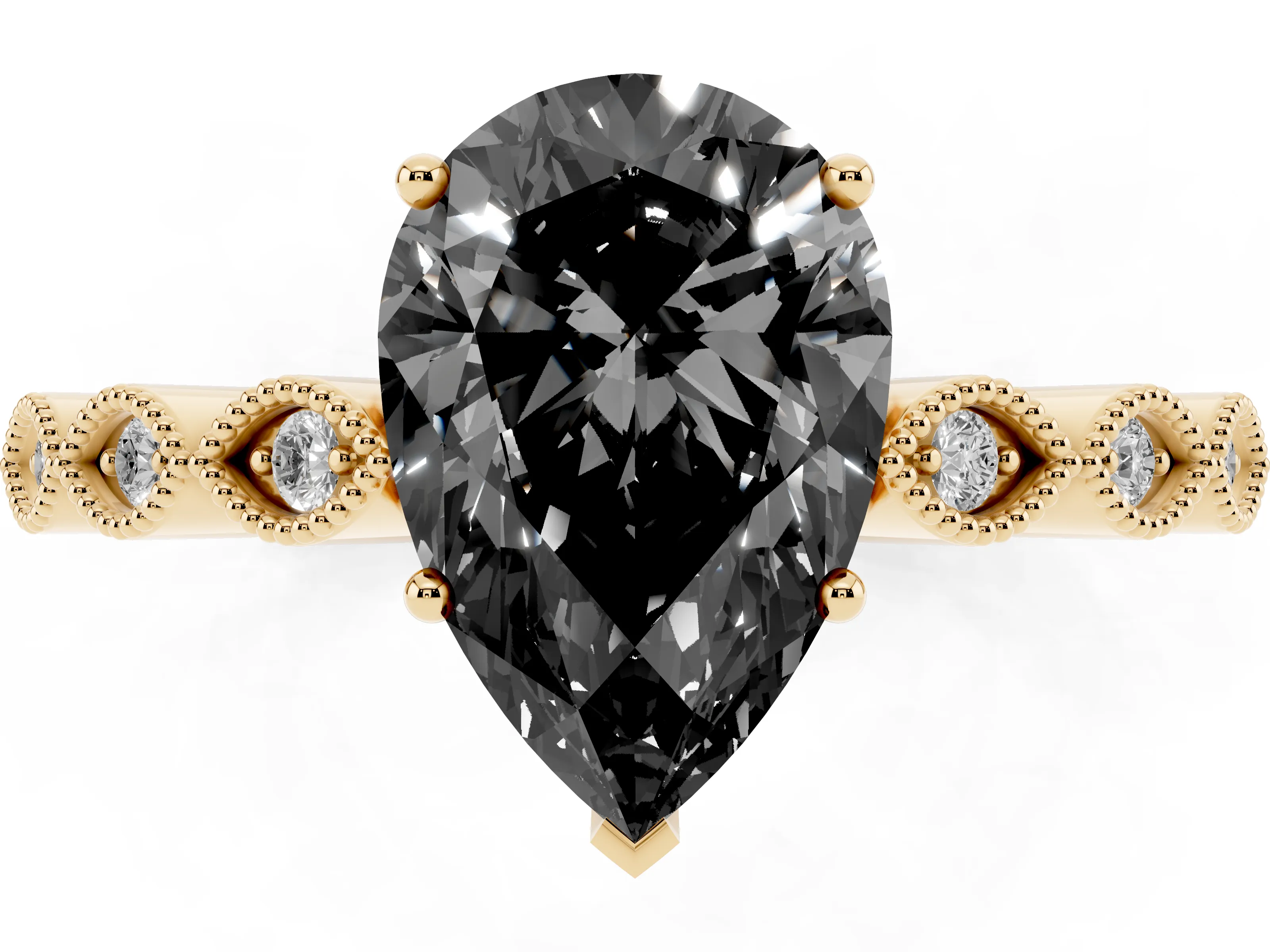 Fancy Black Pear Cut Diamond Solitaire Ring Set in Yellow gold with Infinity Twist Pavé Band