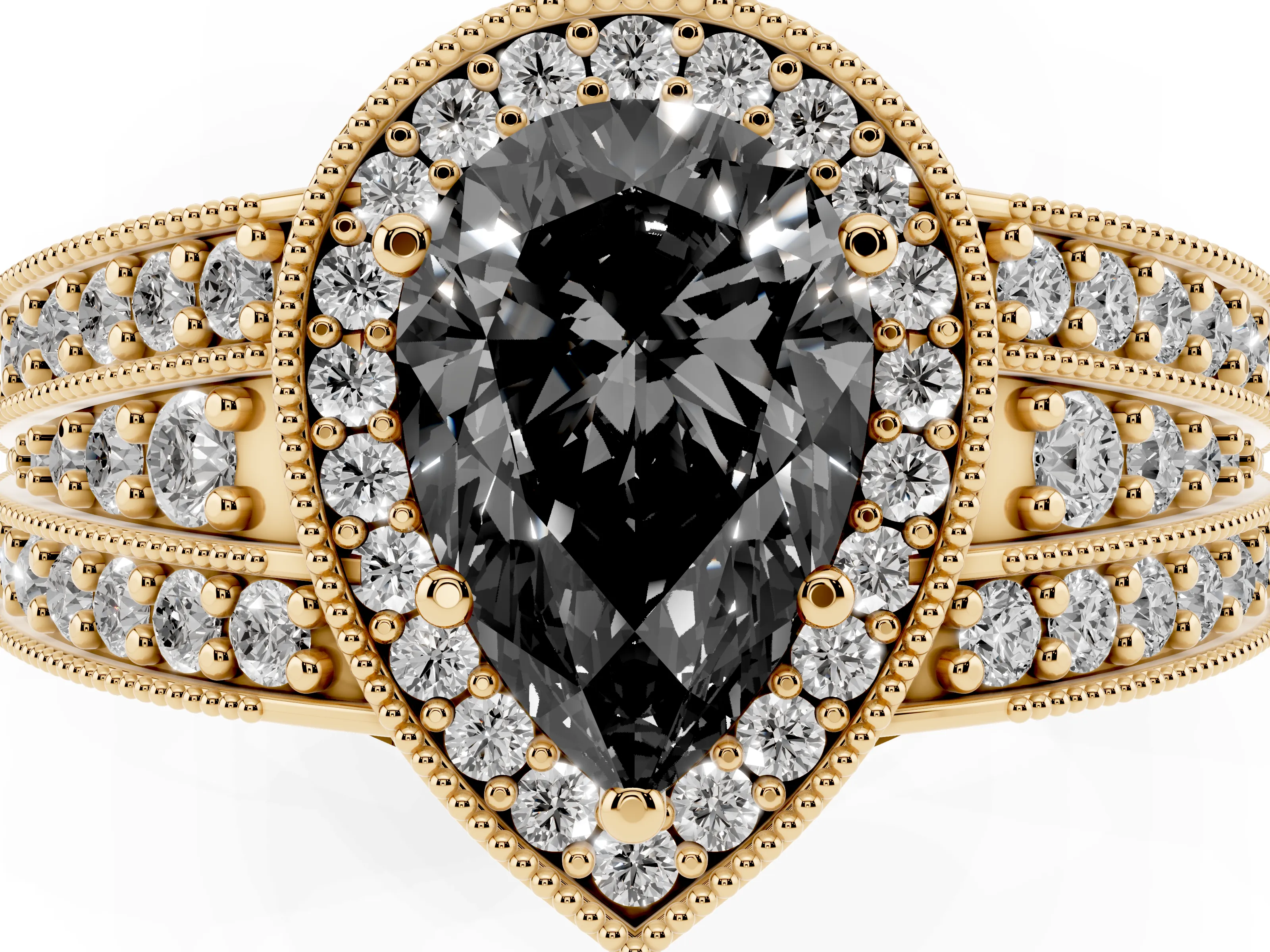 Fancy Black Pear Cut Diamond Halo Ring Set in Yellow gold with Accent Split Shank and Prong Setting