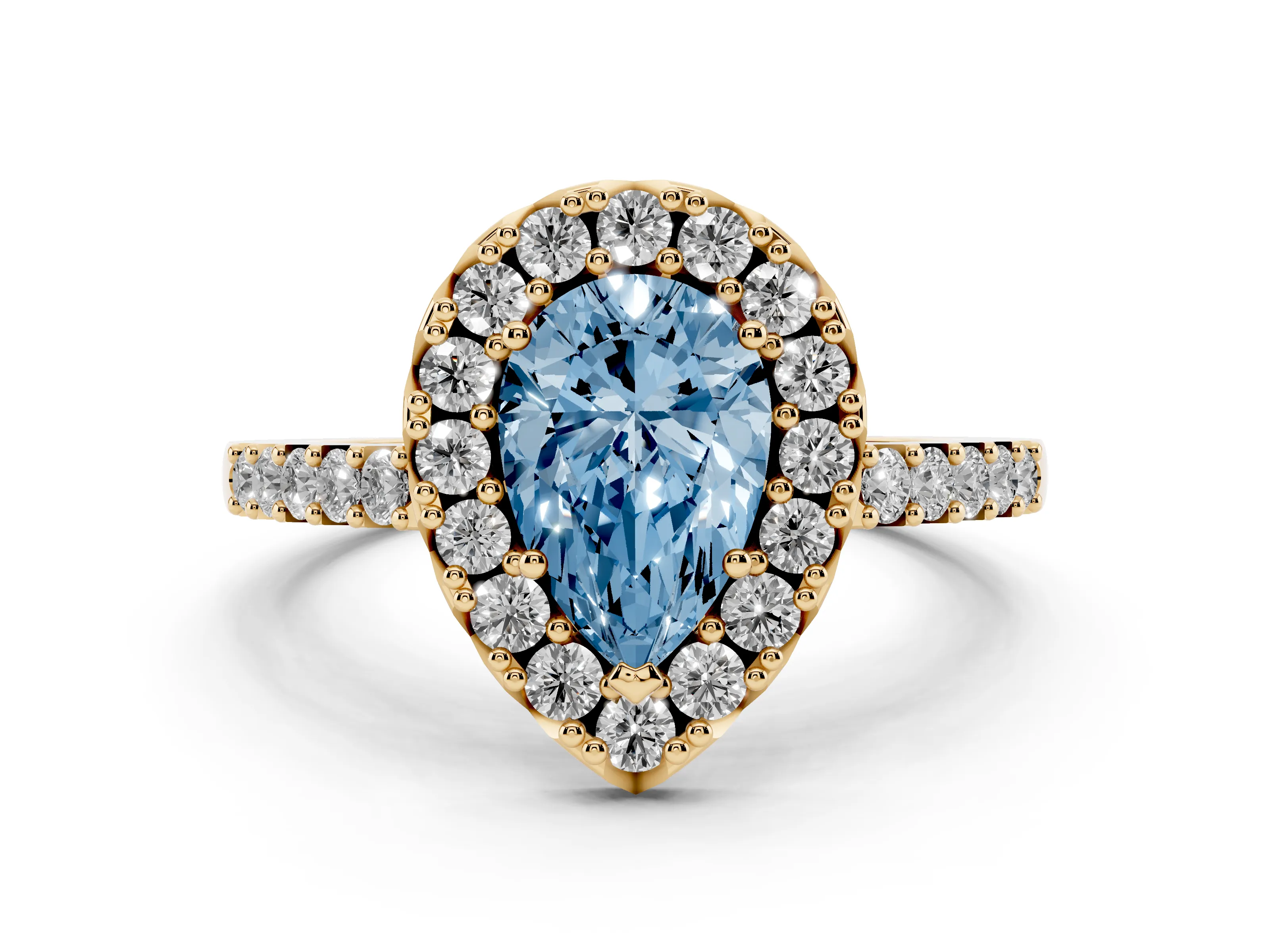 Fancy Blue Pear Cut Diamond Halo Pavé Solitaire Ring Set in Yellow gold with Prong-Set Center Stone