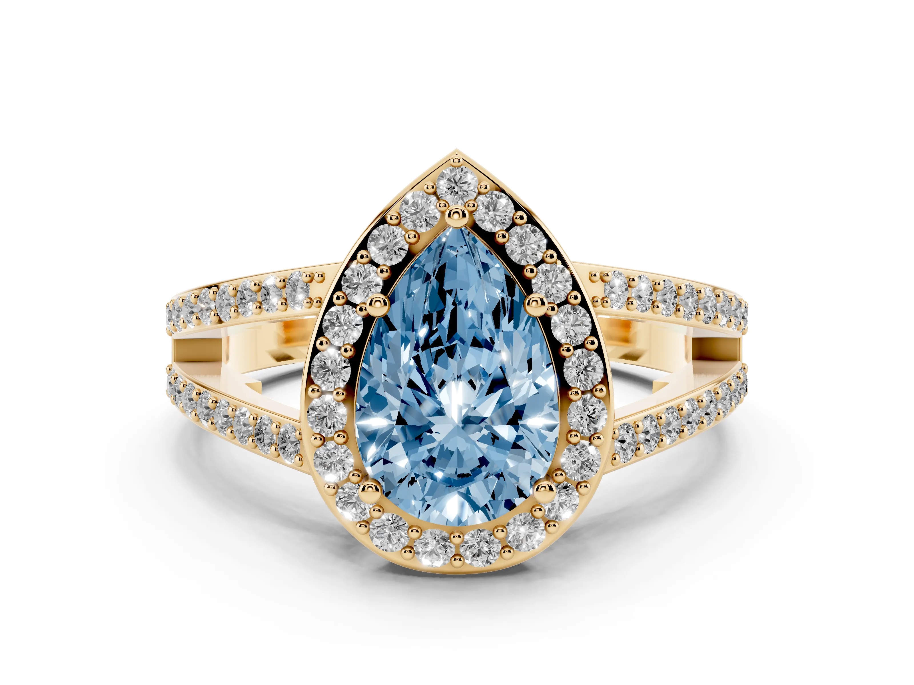 Fancy Blue Pear Cut Diamond Halo Ring Set in Yellow gold with U-Prong Split Shank and Prong Setting