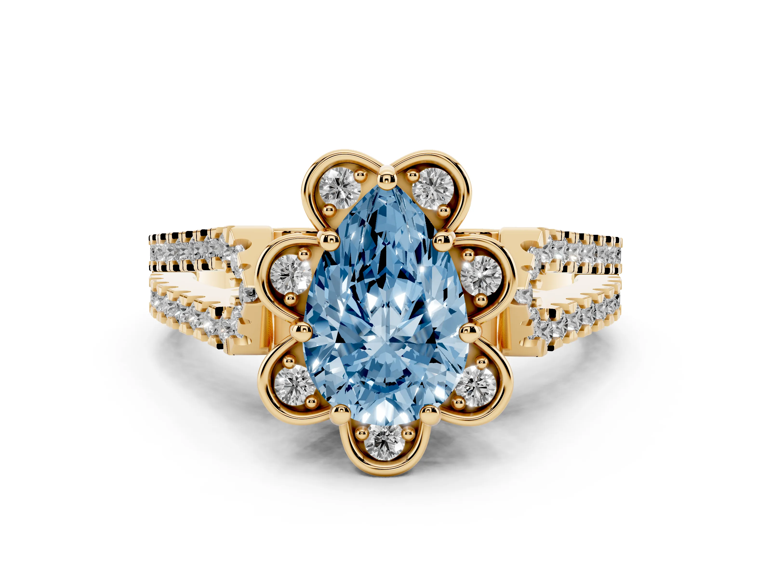 Fancy Blue Pear Cut Diamond Floral Halo Split Shank Engagement Ring Set in Yellow gold with Pavé Shank