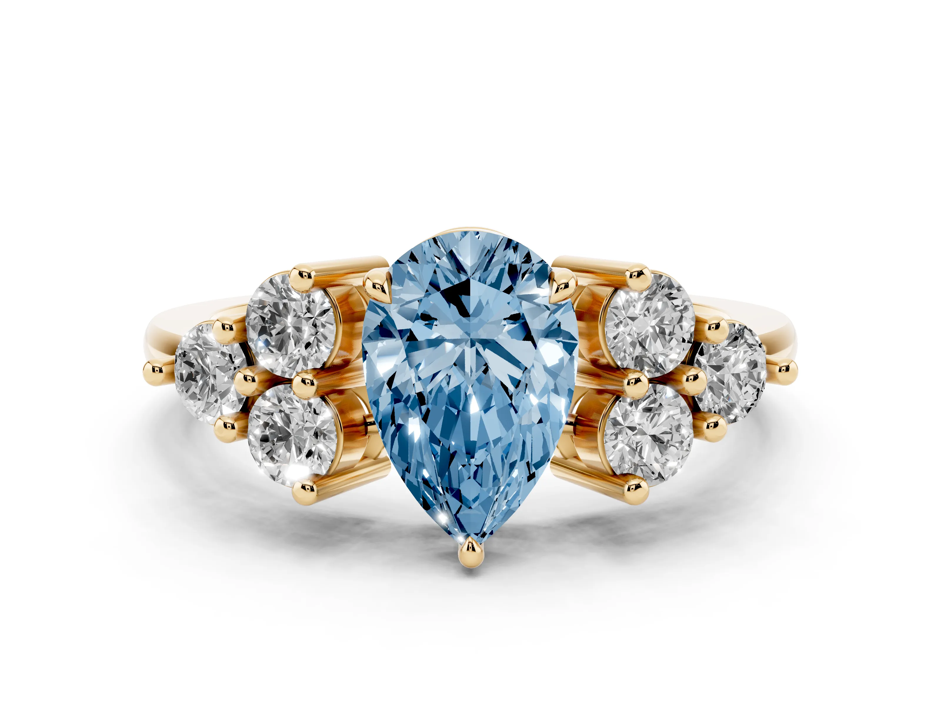 Fancy Blue Pear Cut Diamond Solitaire Ring Set in Yellow gold with Cluster Accents on Each Side