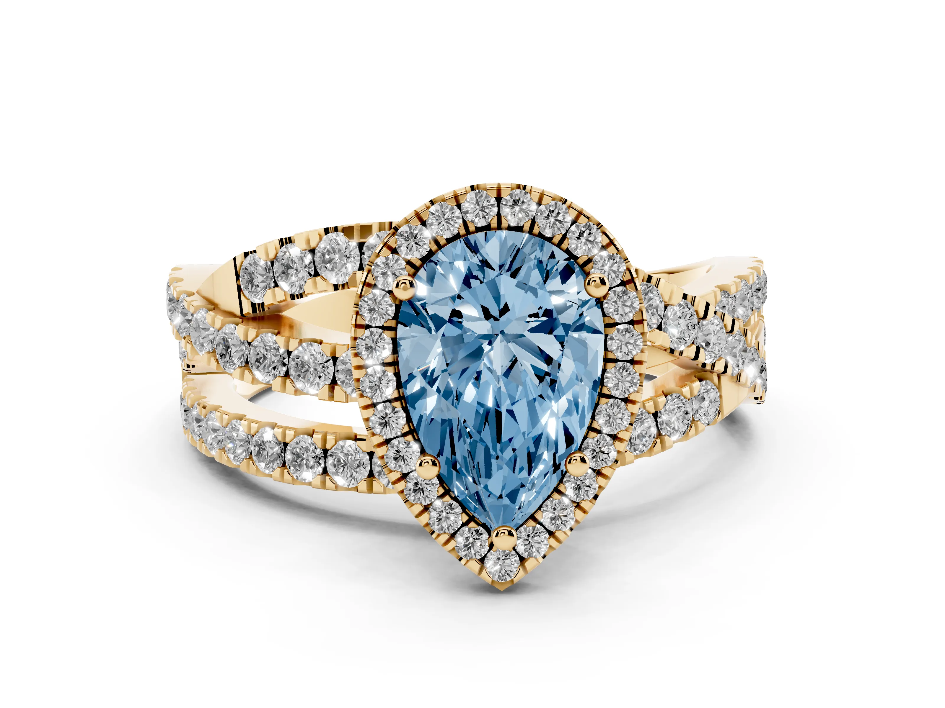 Fancy Blue Pear Cut Diamond Halo Ring Set in Yellow gold with Round Crossover Split Shank and Prong Setting