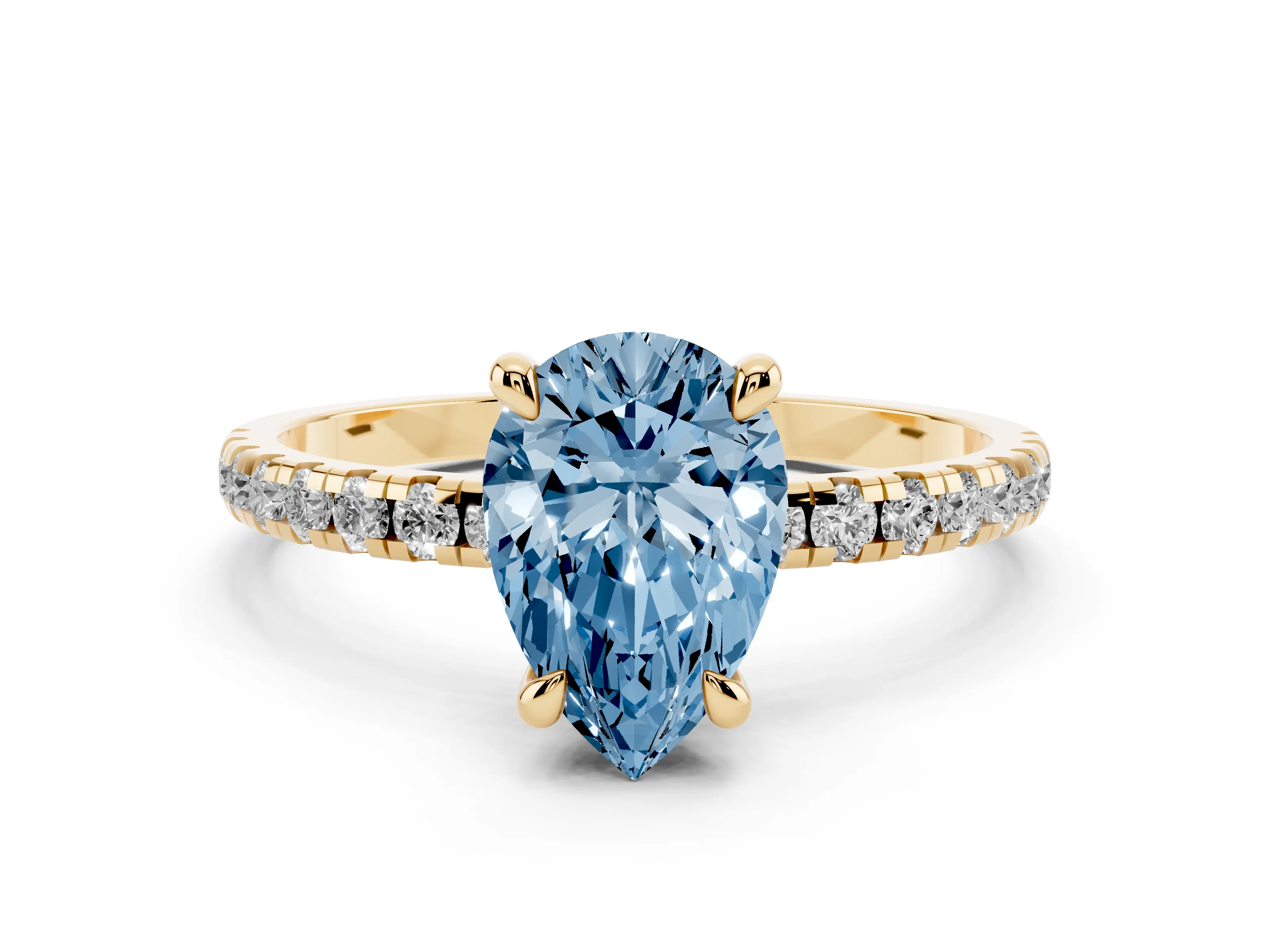 Fancy Blue Pear Cut Diamond Brilliant Solitaire Ring Set in Yellow gold with Pavé Band and Prong Setting