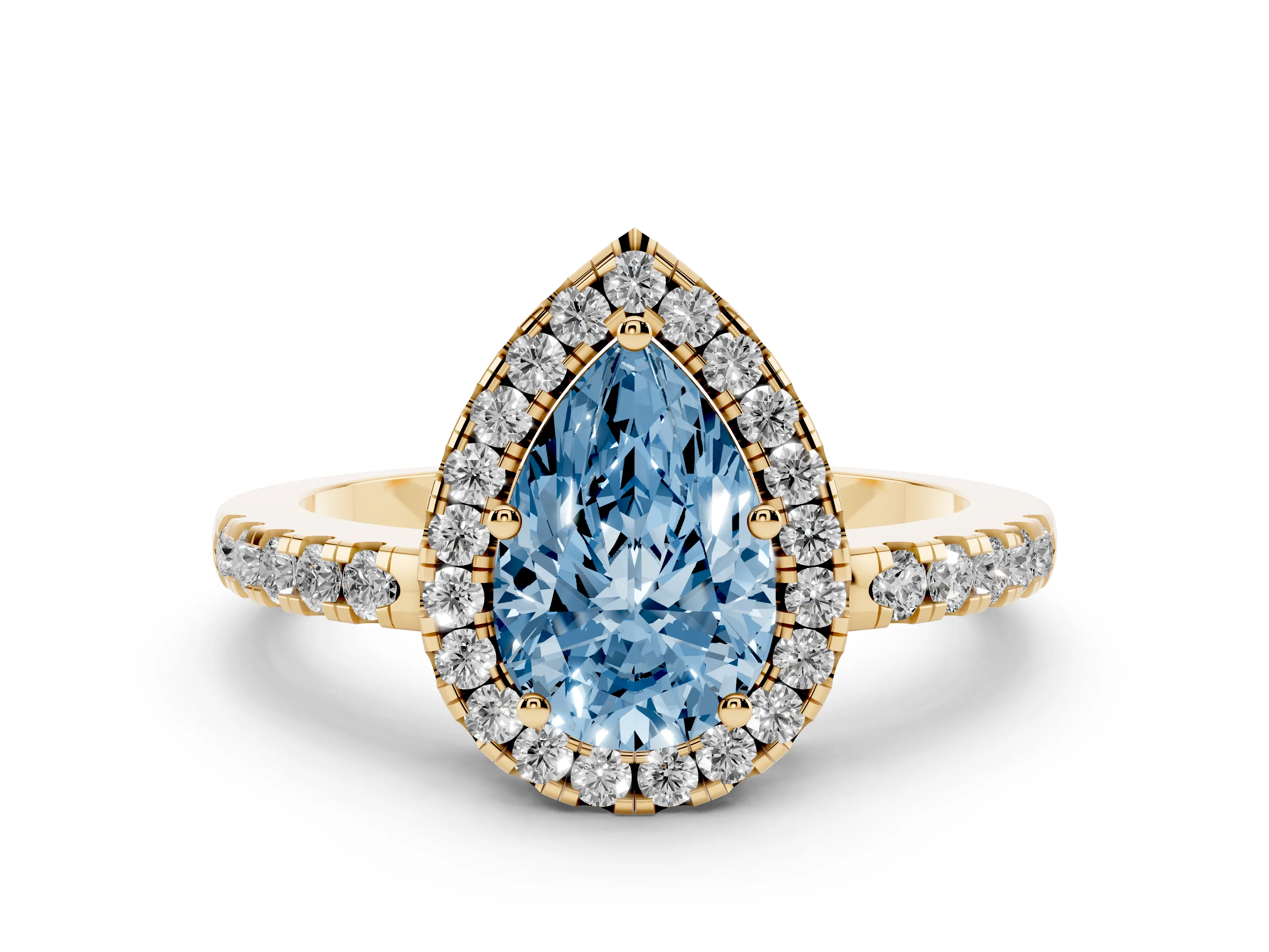 Fancy Blue Pear Cut Diamond Pavé Band Halo Engagement Ring Set in Yellow gold with Prong Setting