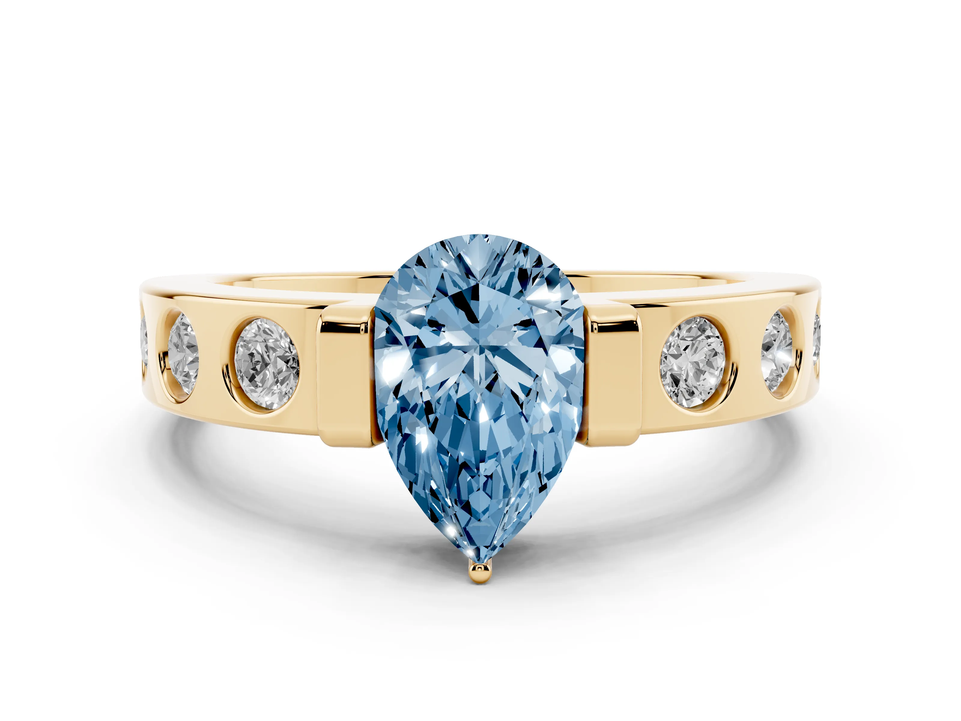Fancy Blue Pear Cut Diamond Channel-Set Band Ring Set in Yellow gold with Bezel Prong Setting