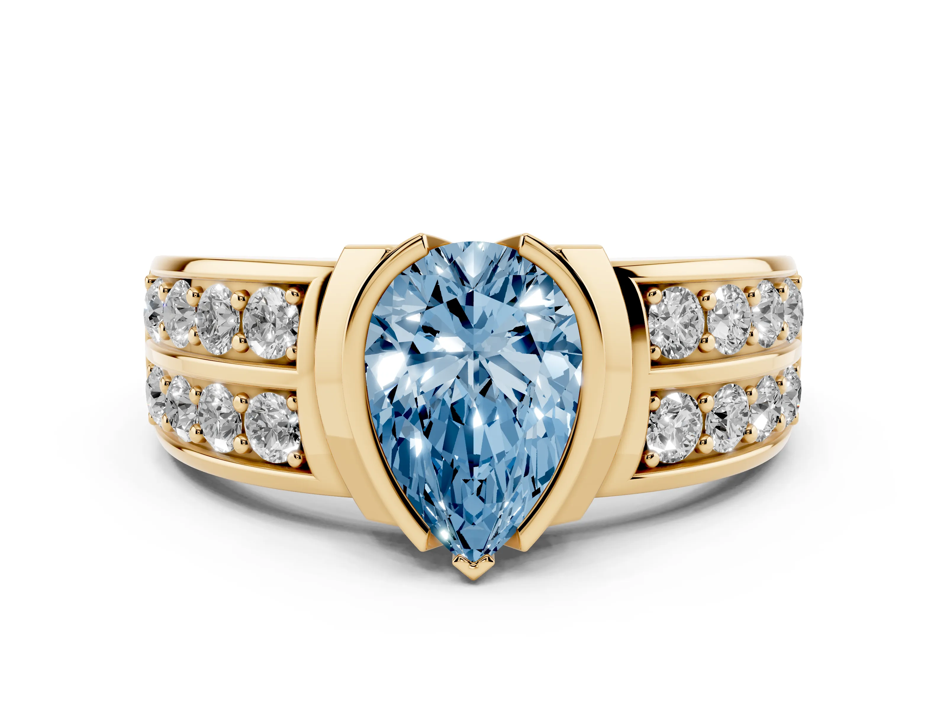 Fancy Blue Pear Cut Diamond Wide Channel Set Band Ring Set in Yellow gold with Bezel Setting