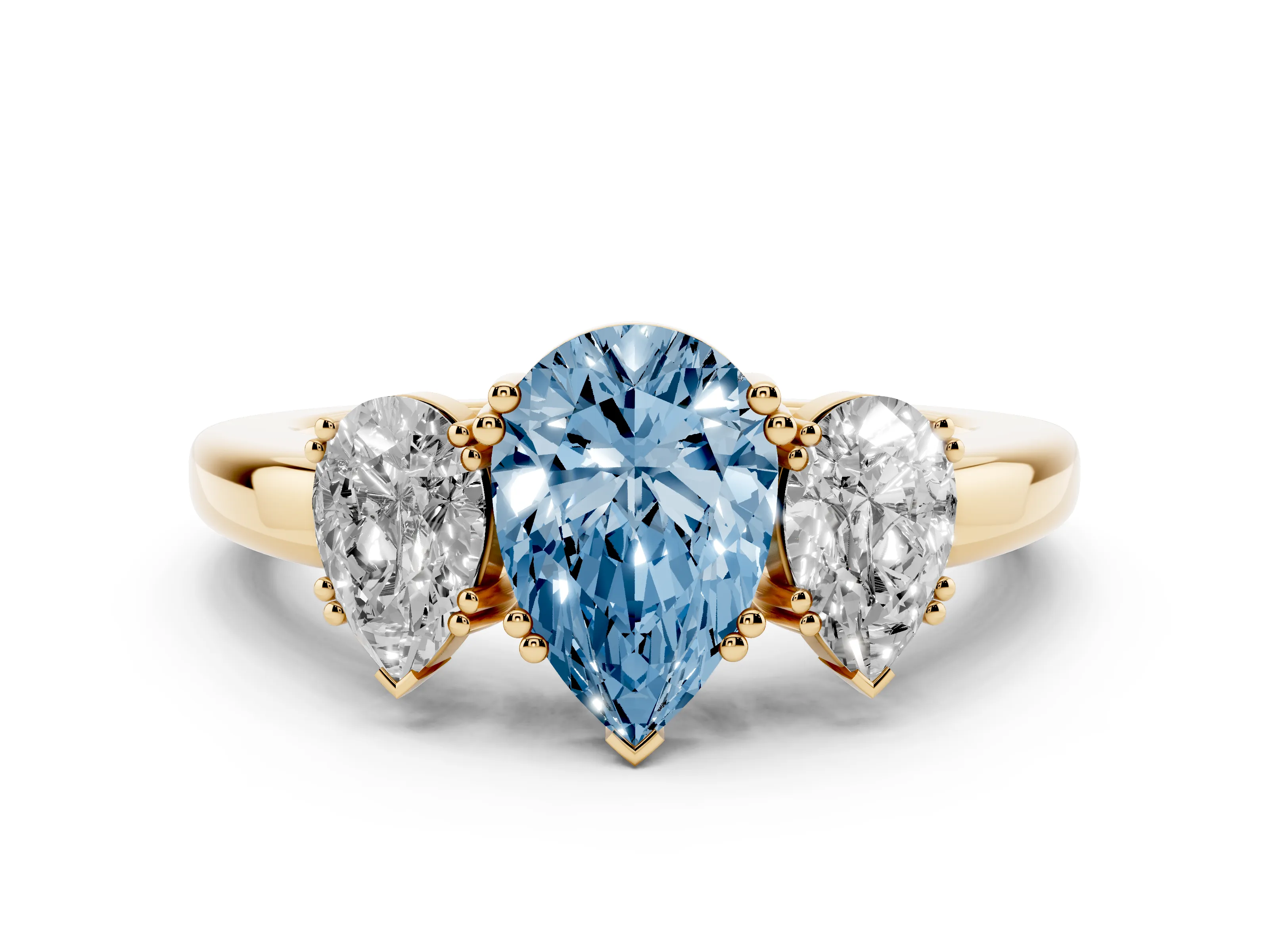 Fancy Blue Pear Cut Diamond Three-Stone Ring Set in Yellow gold with Polished Channel-Set Band