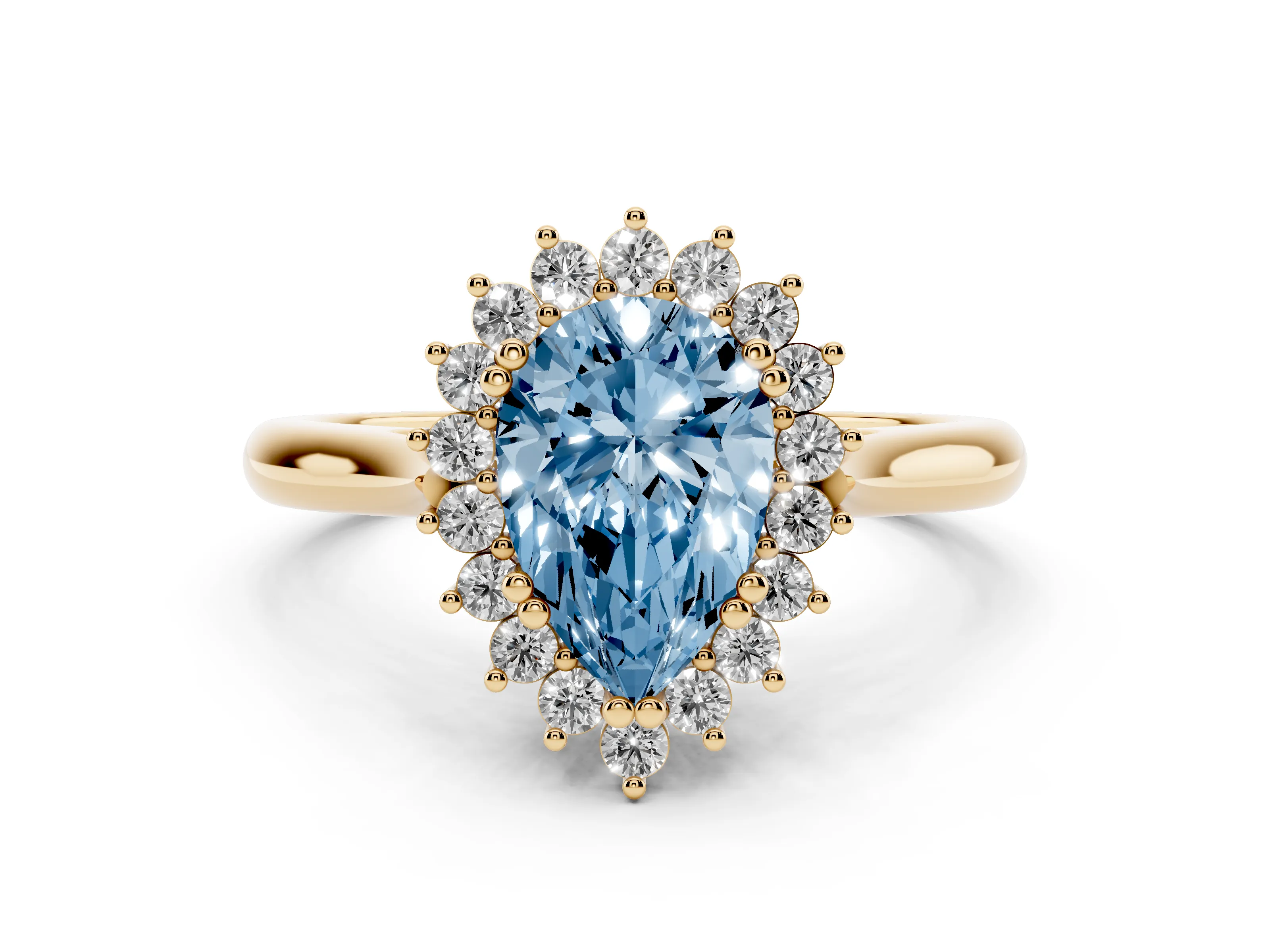 Fancy Blue Pear Cut Diamond Halo Ring Set in Yellow gold with Plain Solitaire Band and Prong Setting