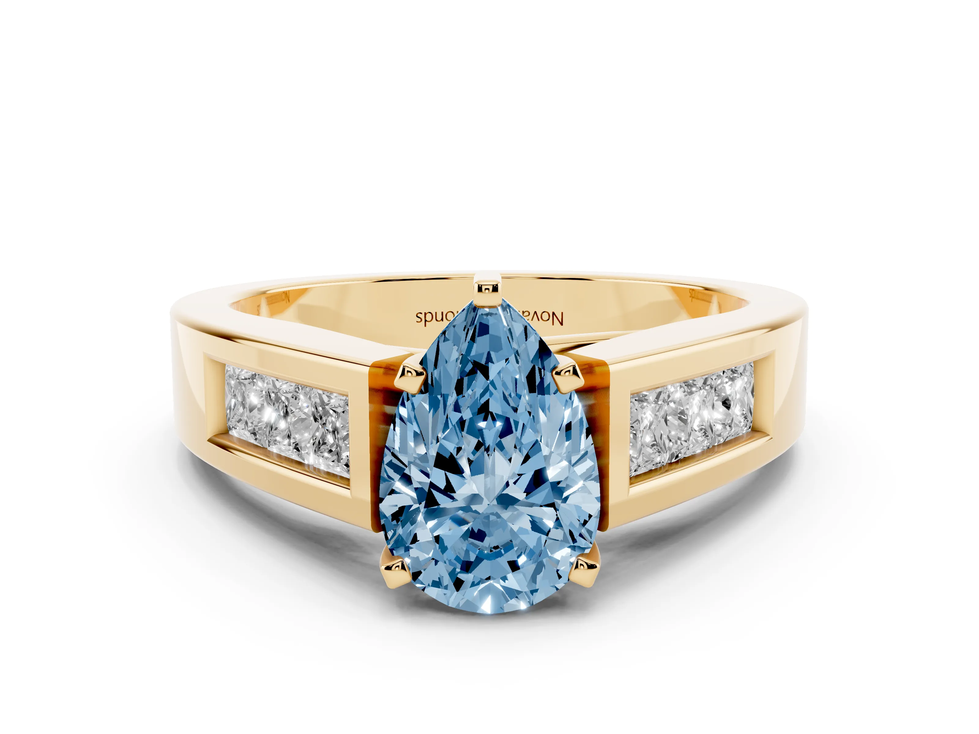 Fancy Blue Pear Cut Diamond Solitaire Ring Set in Yellow gold with Channel-Set Accent Stones and Prong Setting