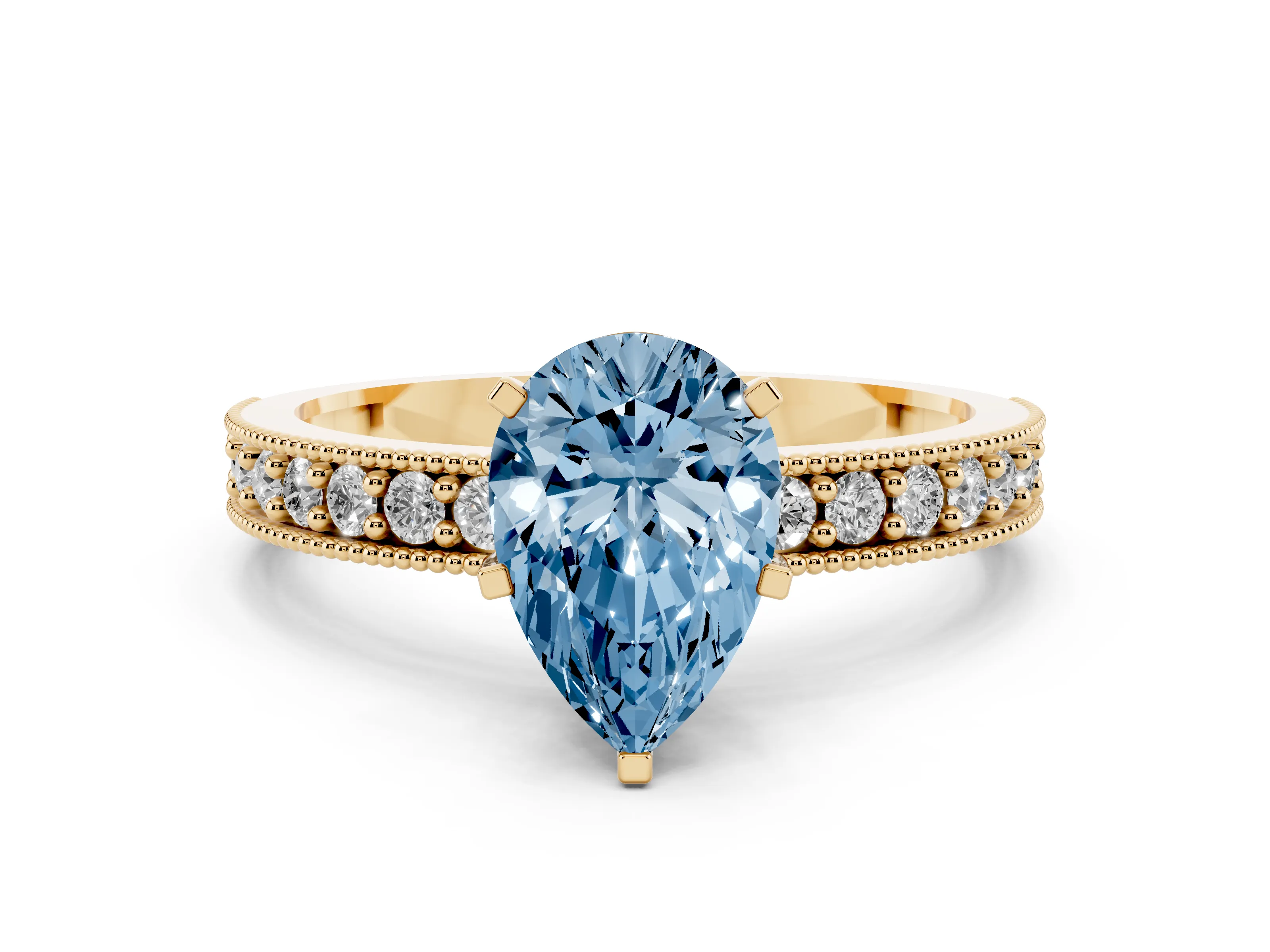 Fancy Blue Pear Cut Diamond Milgrain Pavé Engagement Ring Set in Yellow gold with Prong Setting